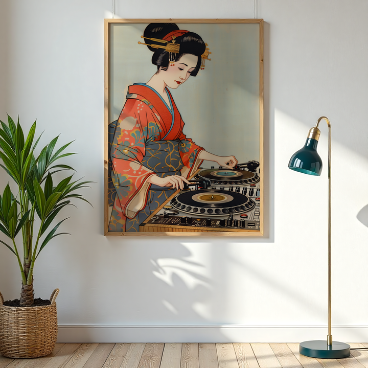 Framed artwork of a woman in traditional attire operating turntables in a room with a plant and lamp.