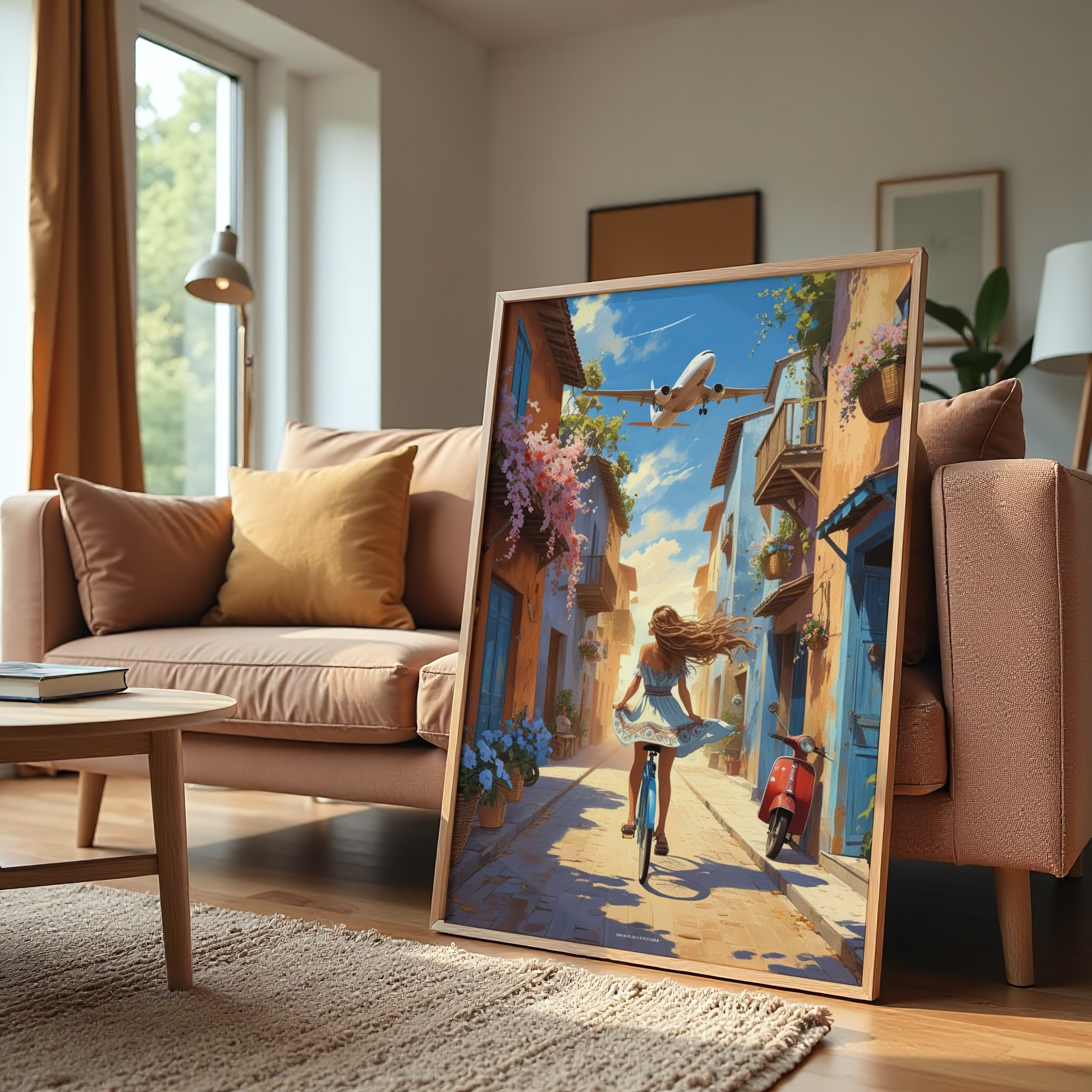 Girl riding a bicycle on a colorful street with a plane flying overhead – travel wall art print