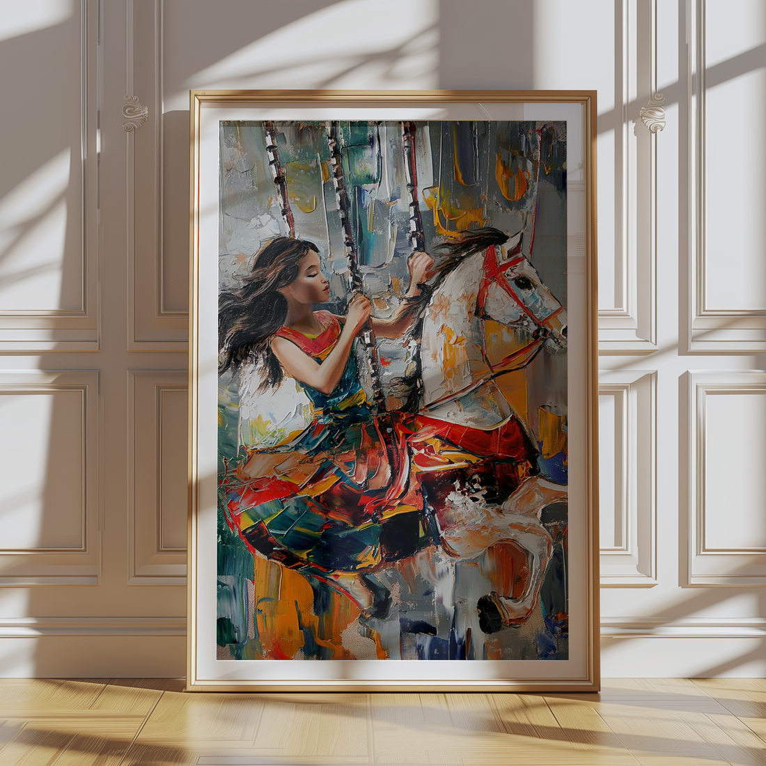 Colorful impressionist painting of a girl riding a carousel horse canvas wall art