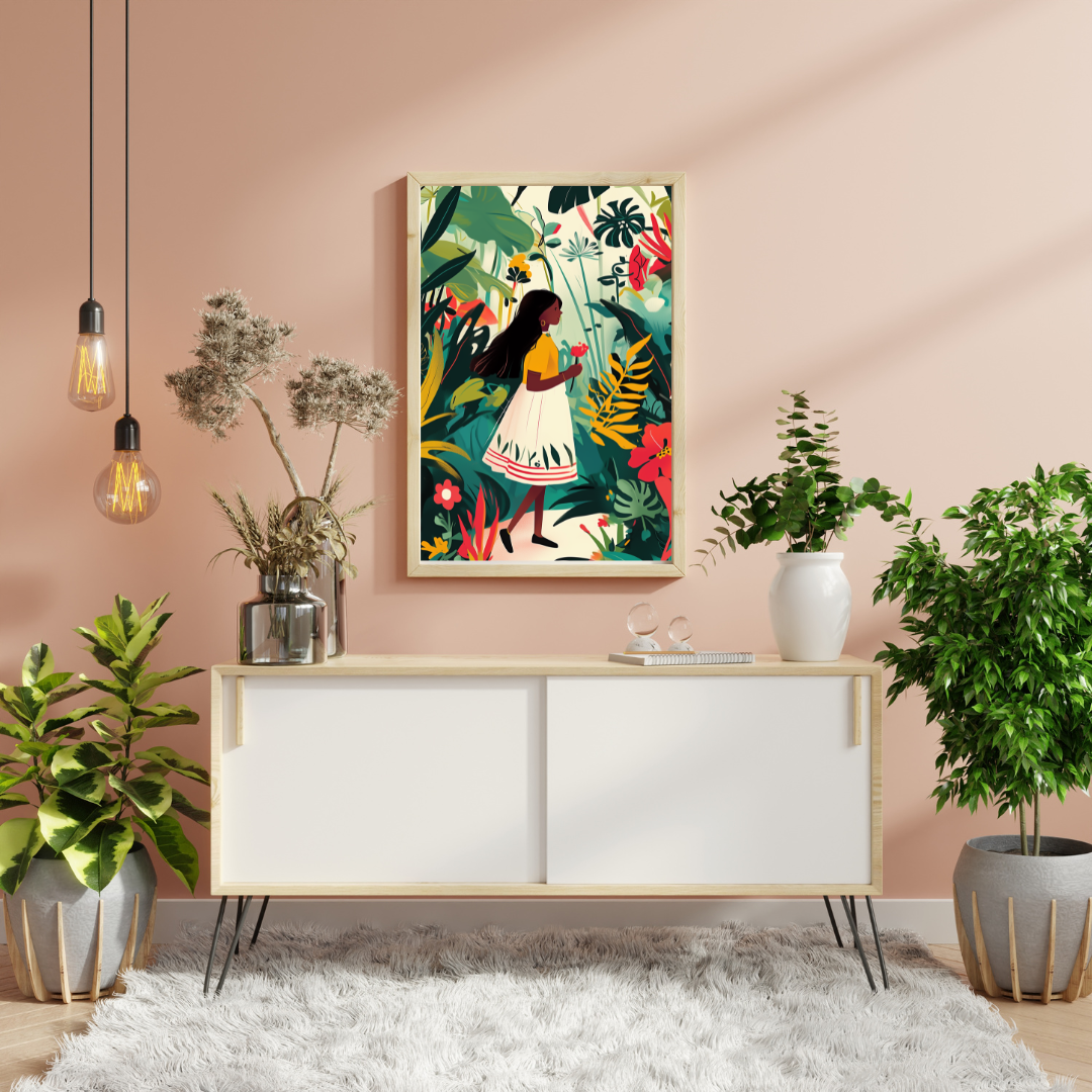 Illustrated wall print of a girl holding a red flower surrounded by tropical leaves