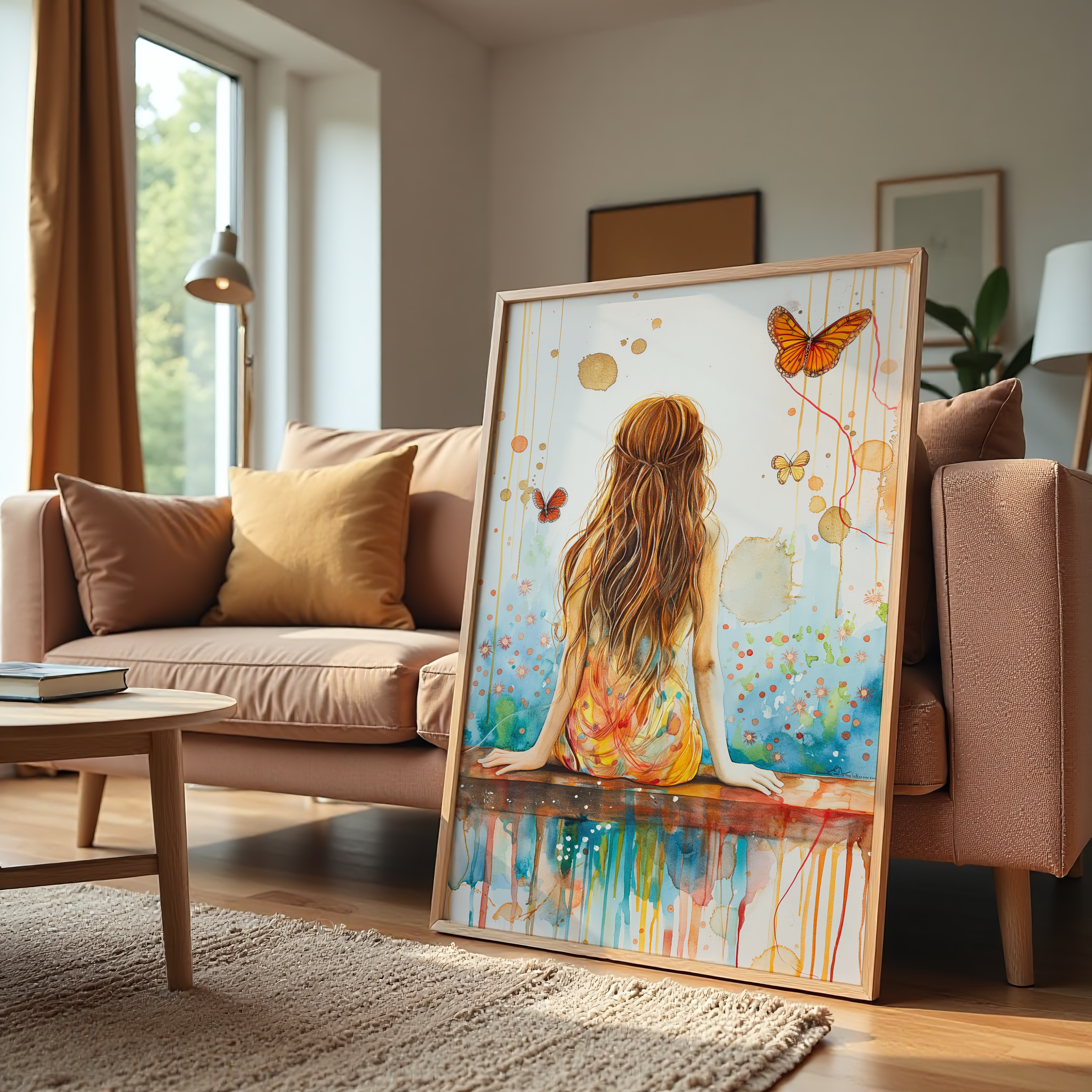Abstract canvas print of a girl sitting at a table watching a butterfly with soft, whimsical tones