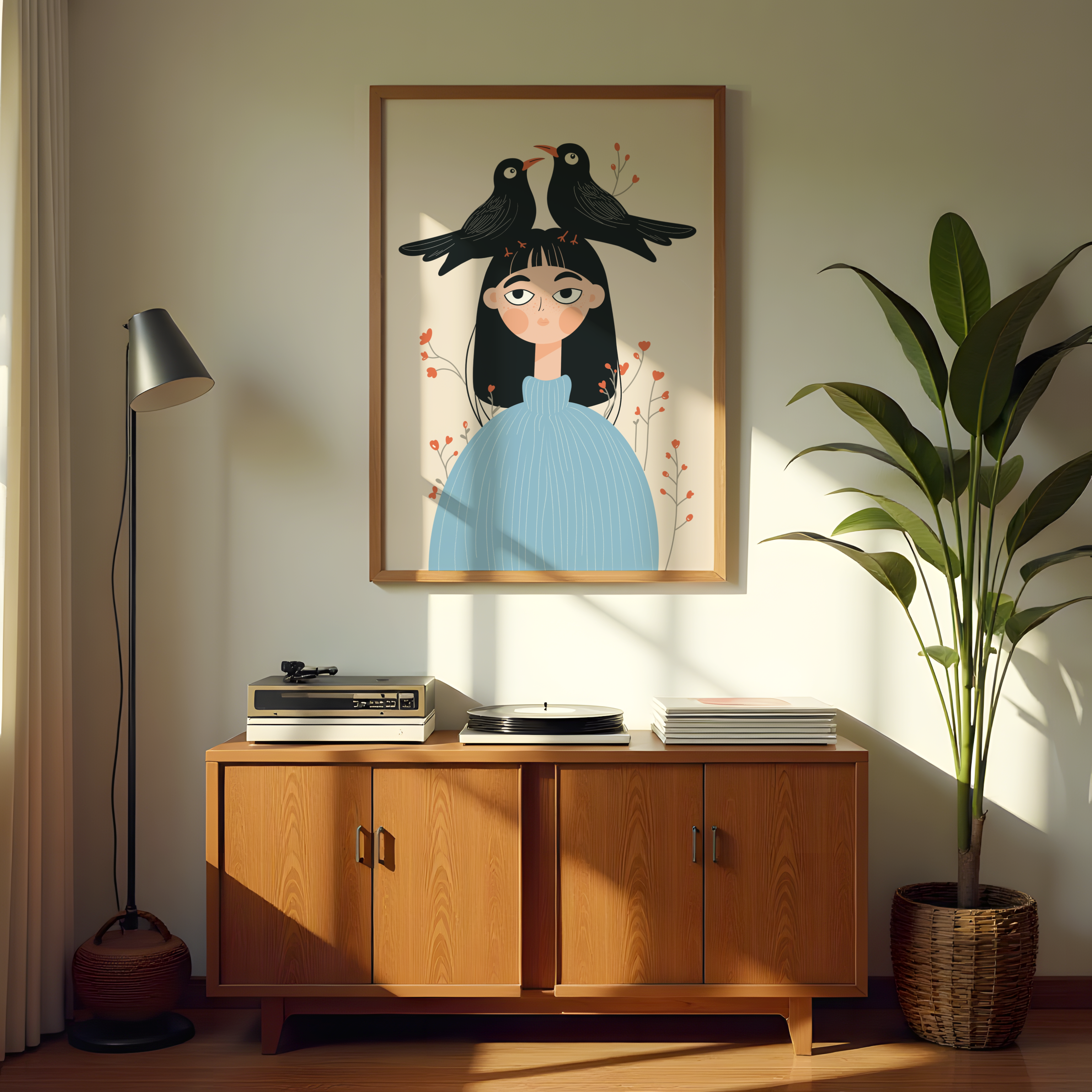 Girl with birds canvas wall art in minimalist style