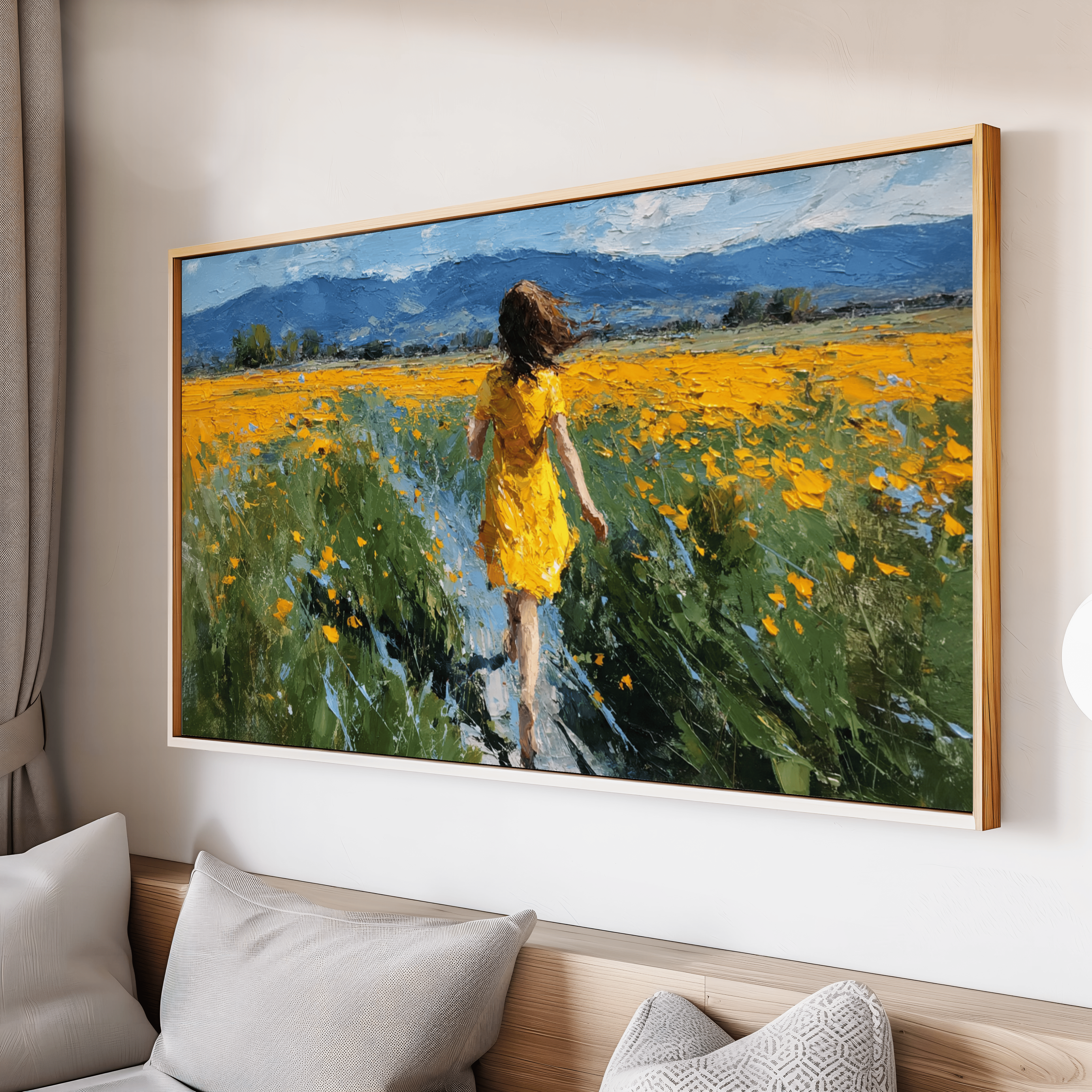 Girl walking in yellow flower field painting
