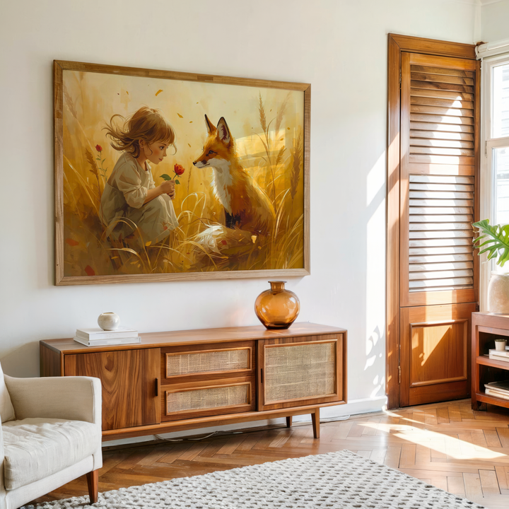 Girl and fox friendship wall art canvas showing a child offering a flower to a fox