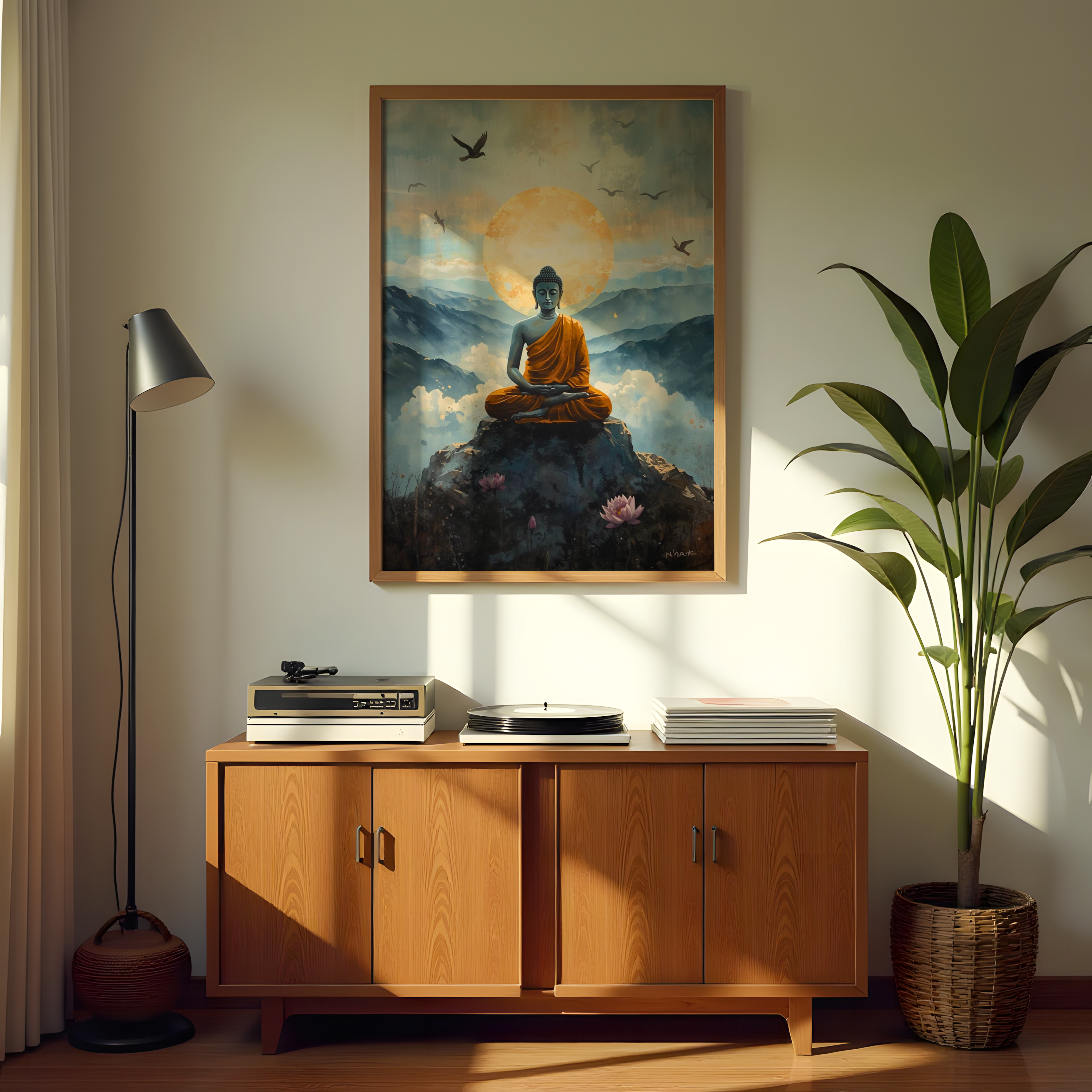Golden aura Buddha meditating on mountain canvas wall art