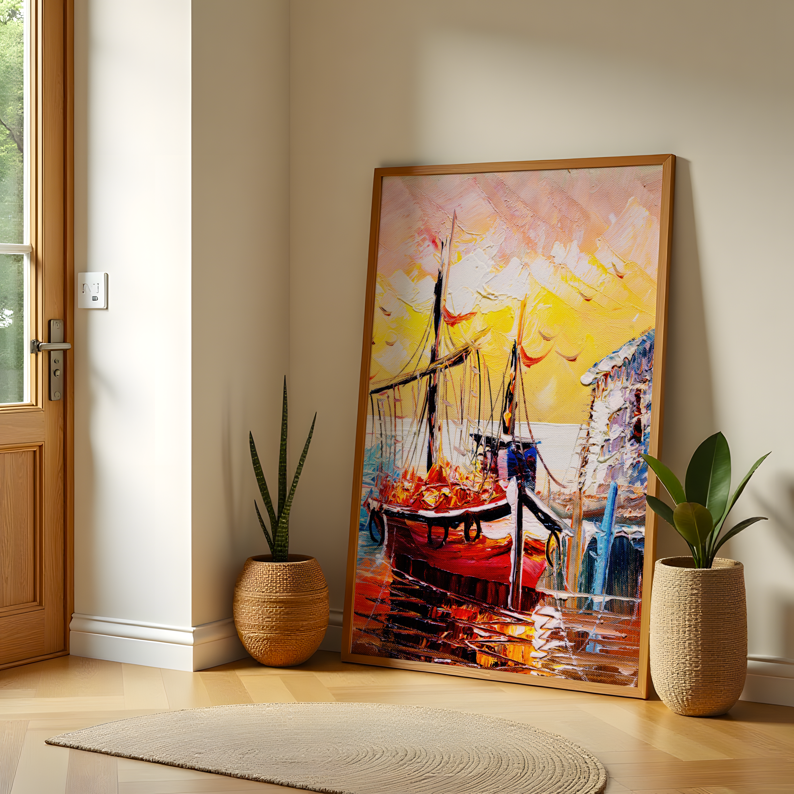 Abstract oil painting of golden harbor on canvas