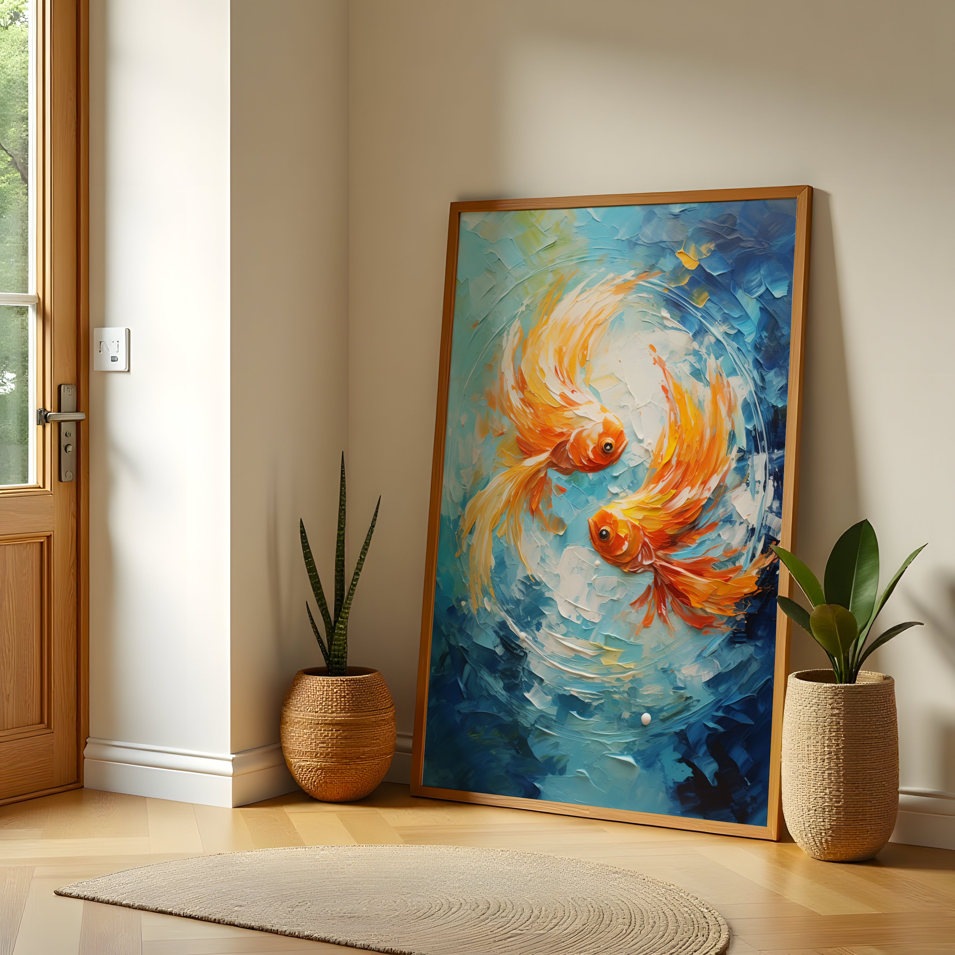 Golden koi fish abstract painting close-up on premium canvas