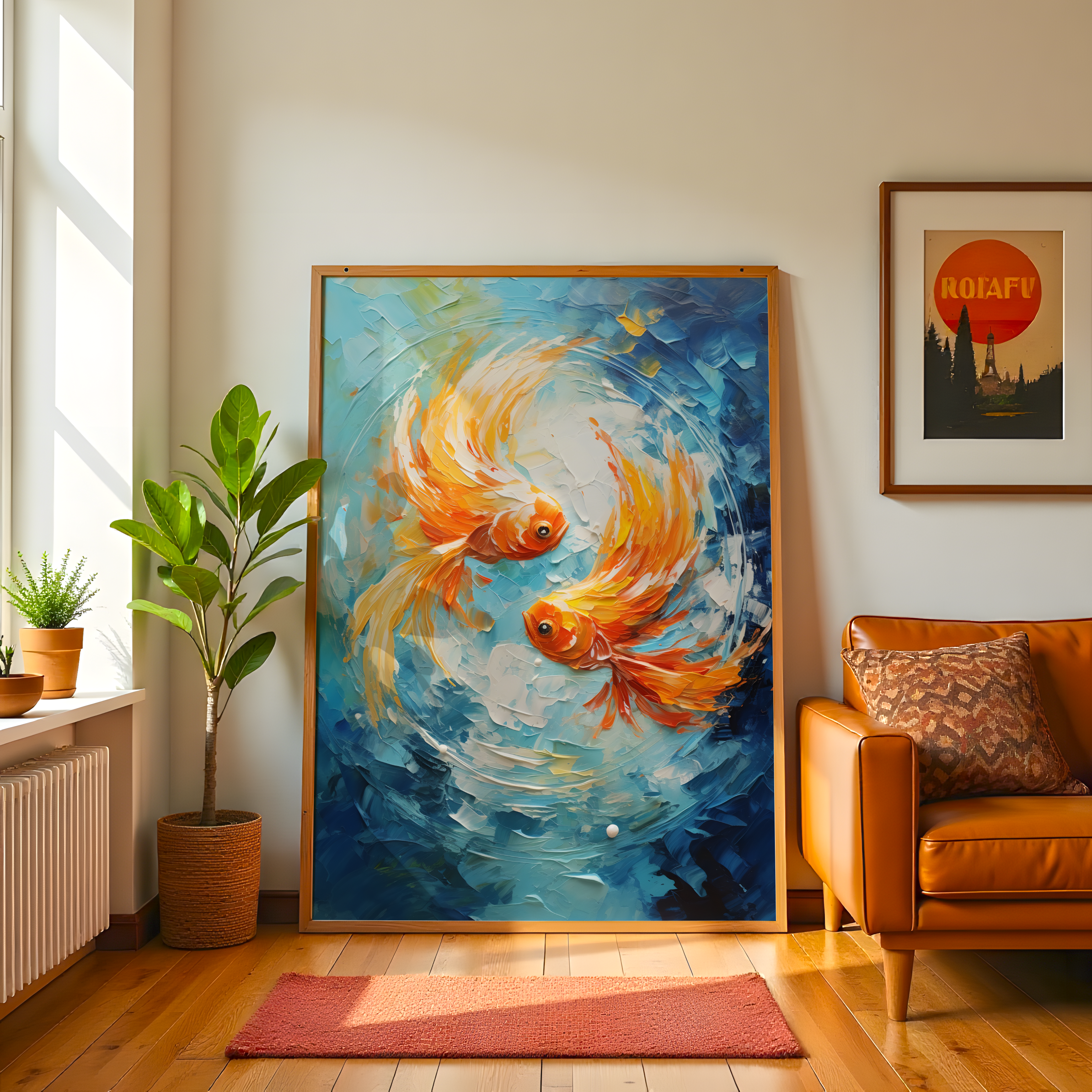 Side view of golden koi fish canvas print with natural wood frame