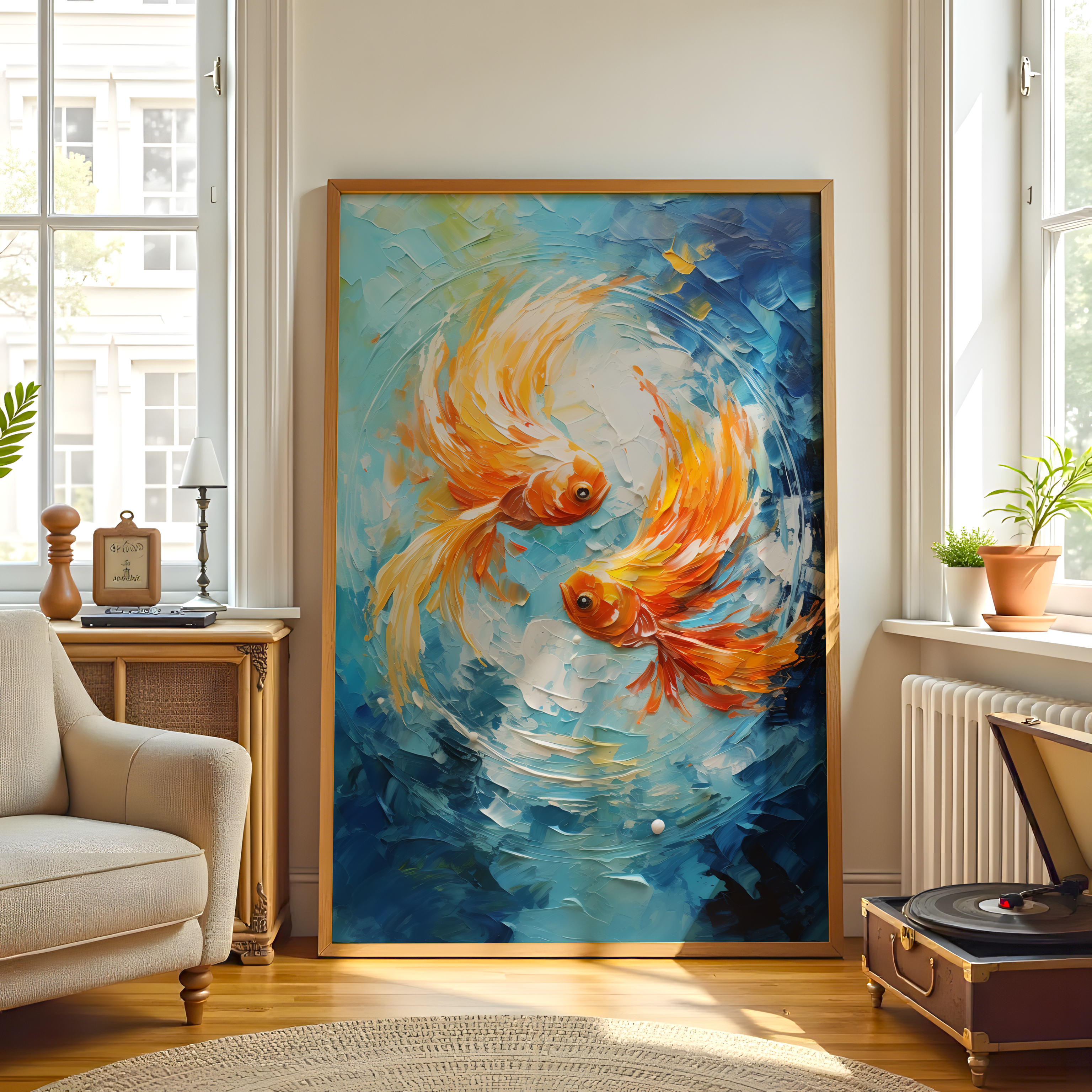 Framed golden koi fish abstract artwork hanging in modern living room