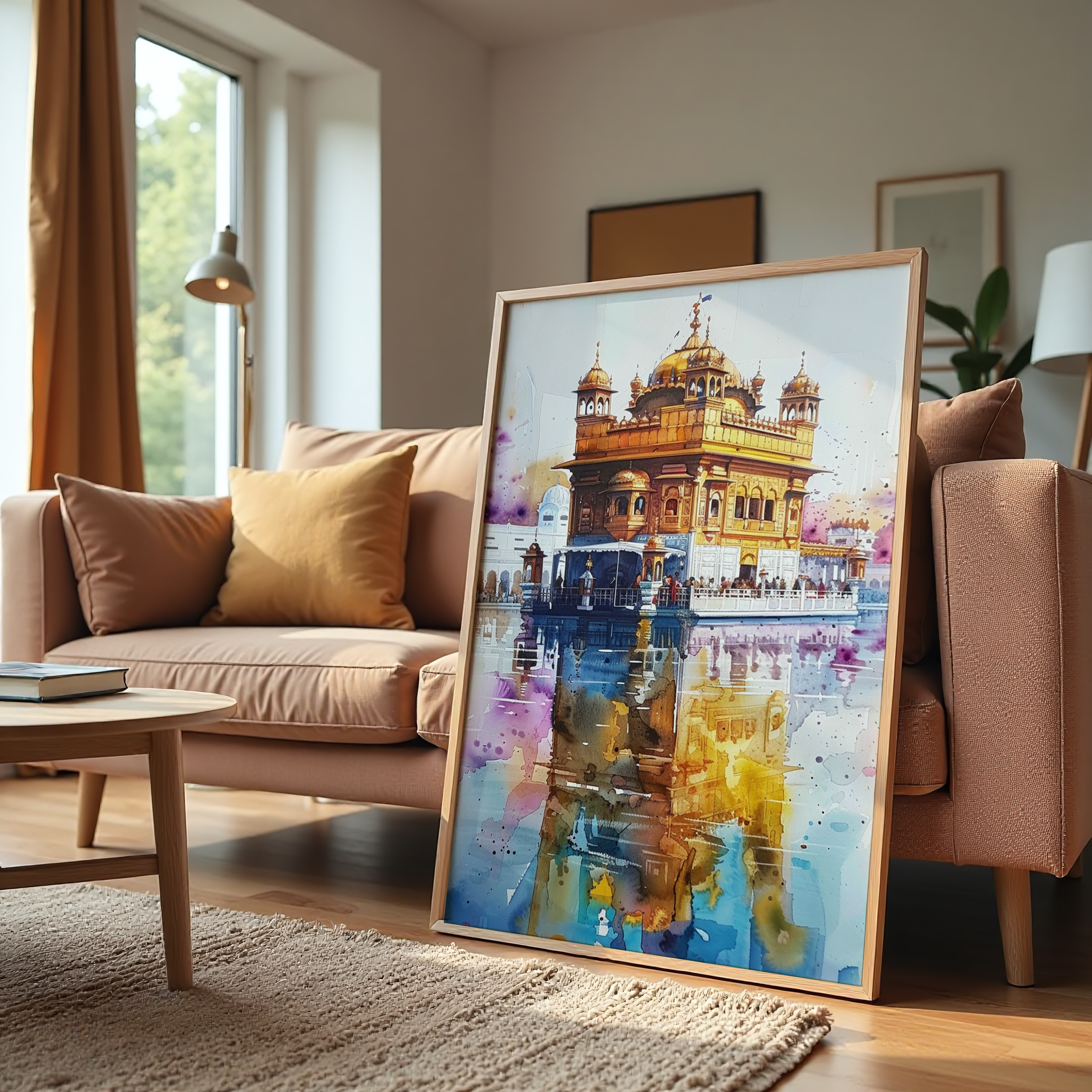 Watercolor painting of Golden Temple Amritsar with reflection in water, canvas wall art for spiritual and cultural décor