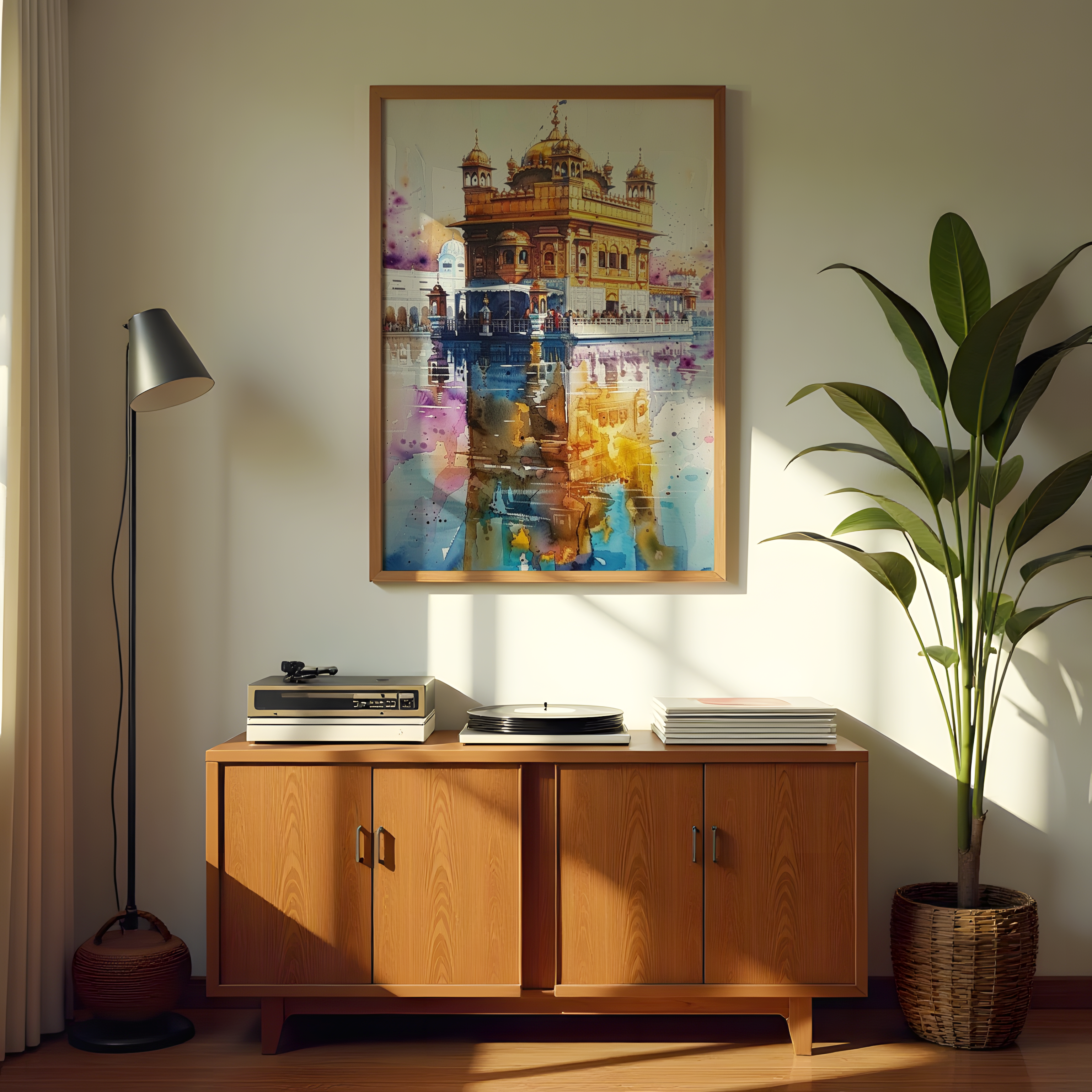 Watercolor painting of Golden Temple Amritsar with reflection in water, canvas wall art for spiritual and cultural décor