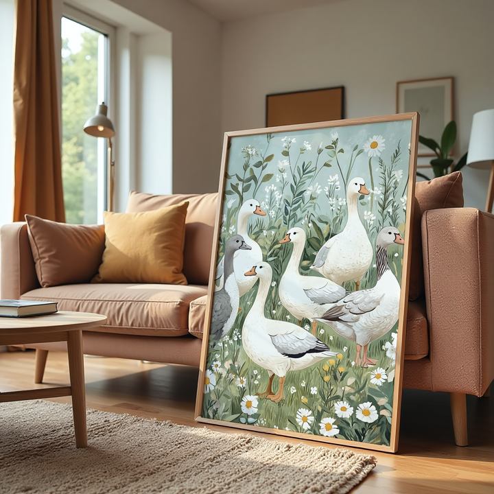 Graceful geese standing together in a floral meadow farmhouse wall art