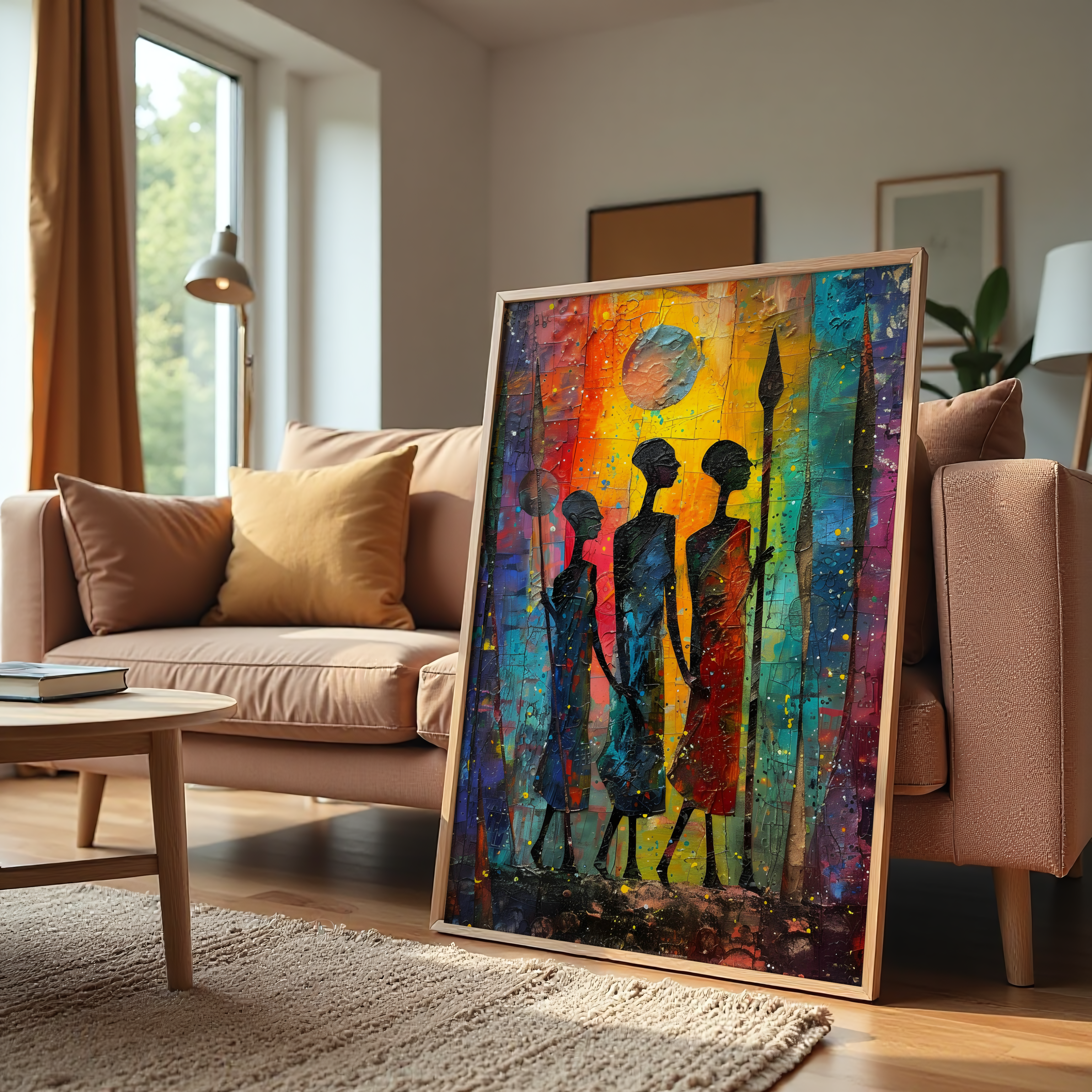 Tribal silhouette abstract painting in bold sunset colors on canvas