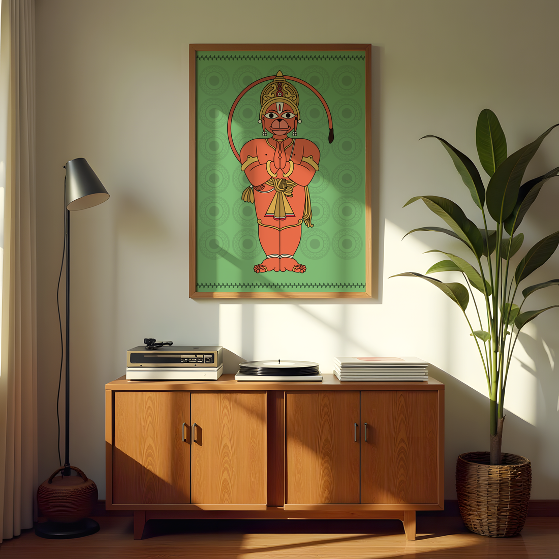 Lord Hanuman folk-art painting in anjali mudra with traditional patterns
