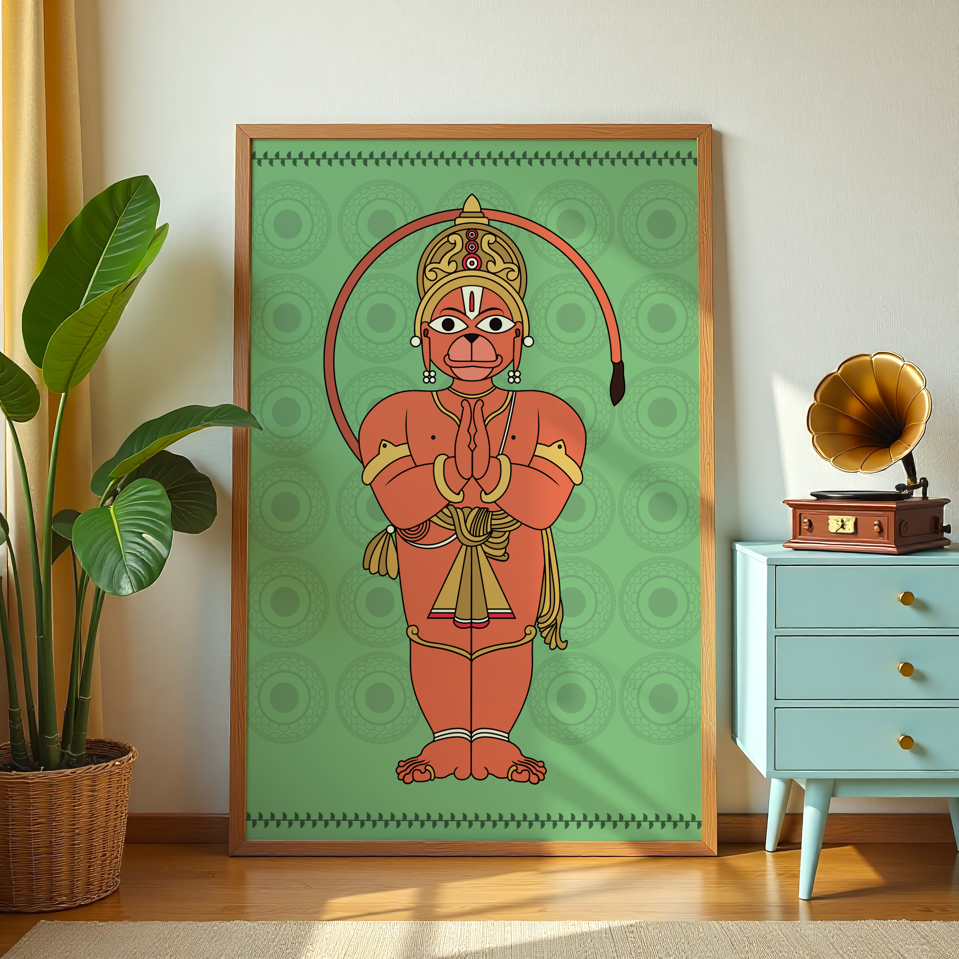 Madhubani-inspired Hanuman painting with bold outlines and ethnic detailing