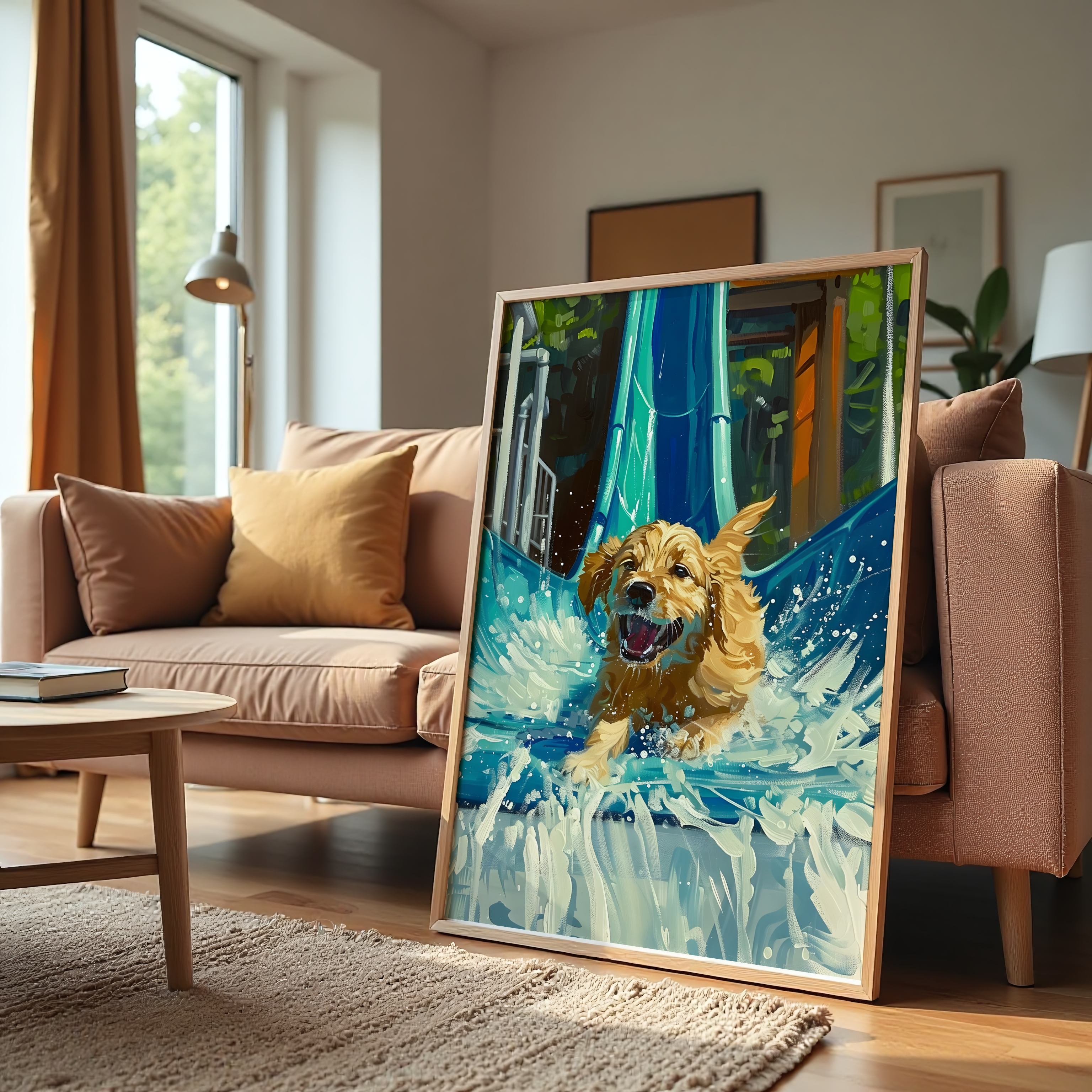 Happy dog water splash animal canvas wall art