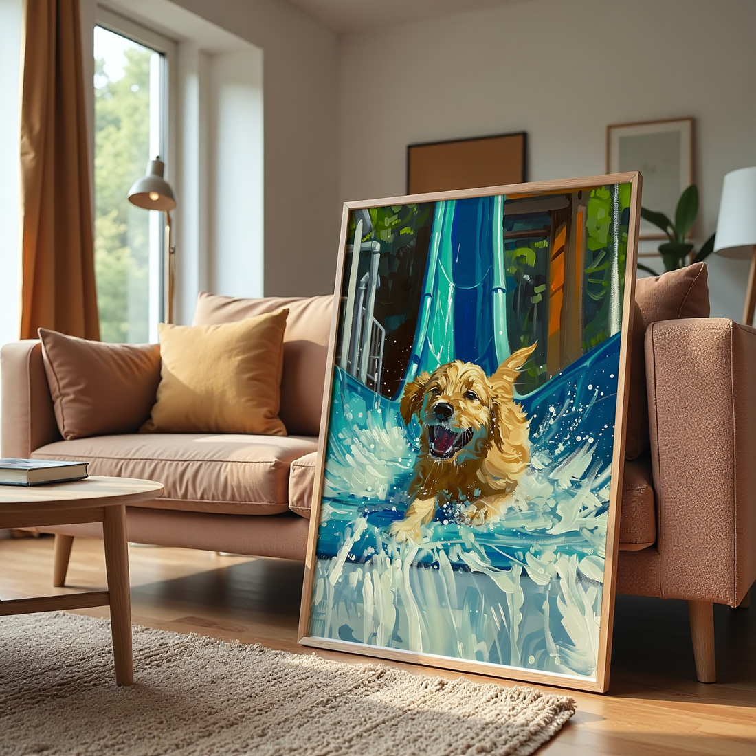 Happy dog water splash animal canvas wall art