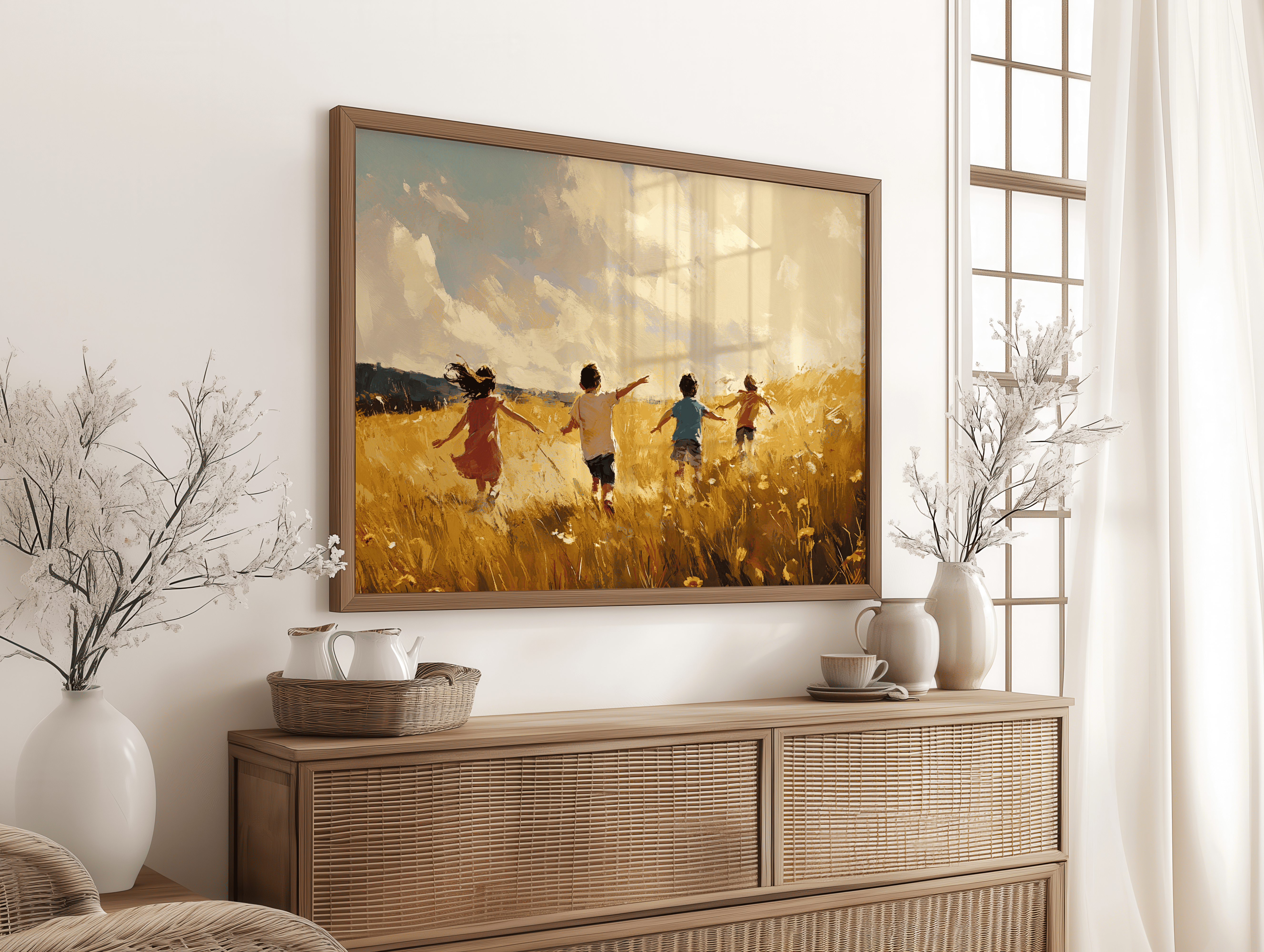 Warm nursery wall art showing four kids running in tall grass and yellow flowers