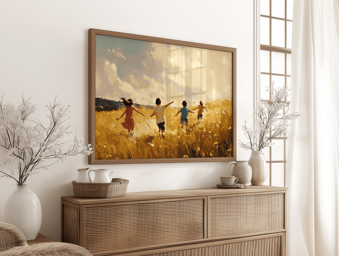 Warm nursery wall art showing four kids running in tall grass and yellow flowers