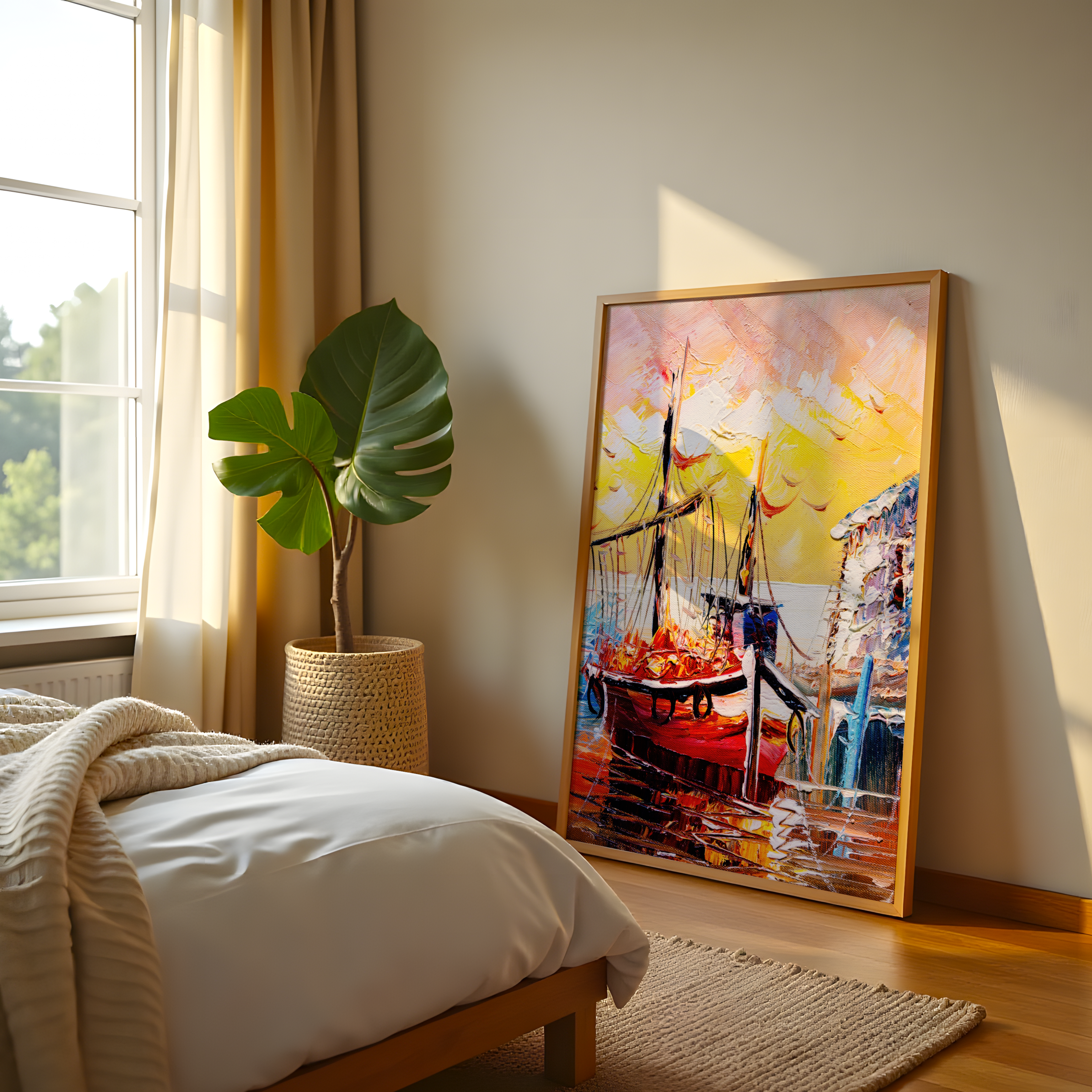 Boho wall art with sunrise and sailboat – canvas print