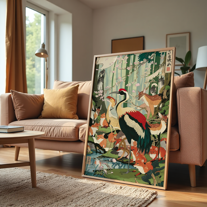 Japanese vintage wildlife wall art showing crane and forest animals