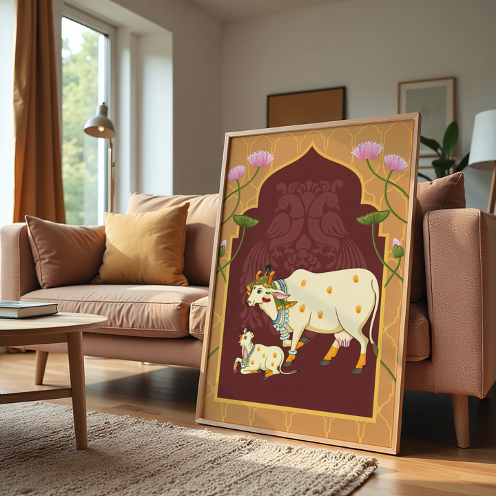 Hindu sacred cow and calf religious canvas wall art for pooja room decor
