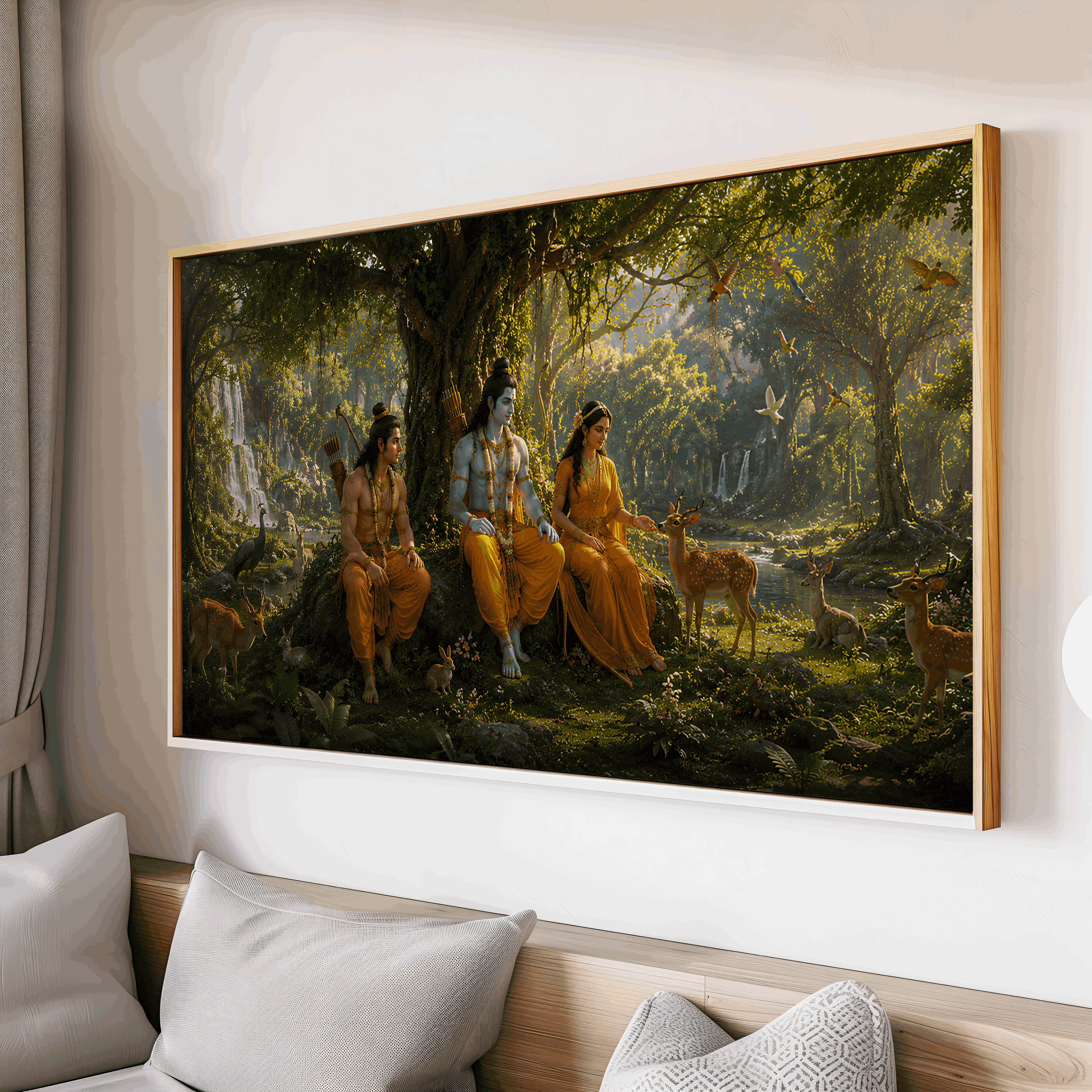 Divine Ram Sita forest painting with peaceful wildlife and greenery
