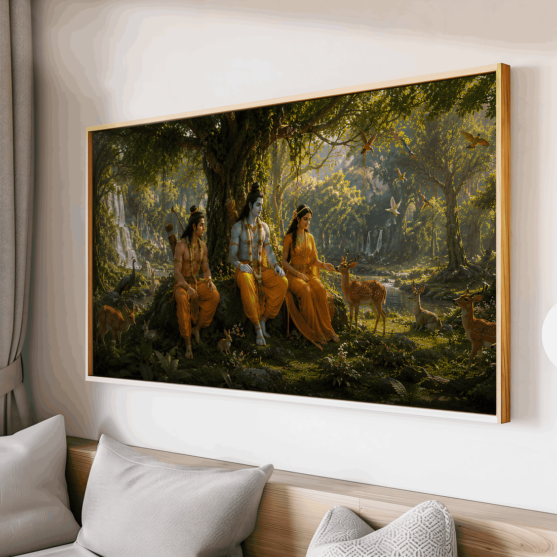Divine Ram Sita forest painting with peaceful wildlife and greenery