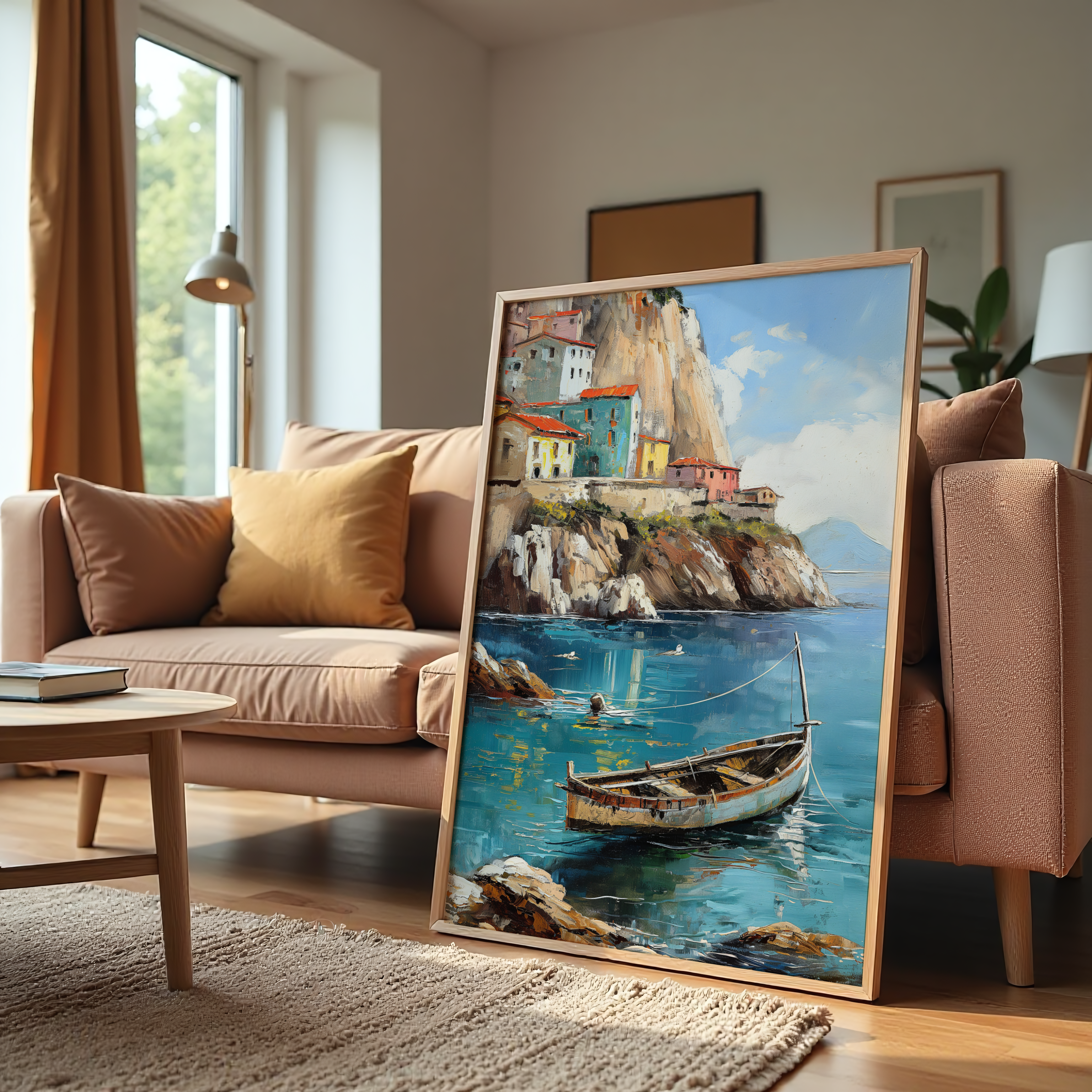 Canvas Art of Coastal Village with Boat and Cliffs for Home Wall Décor