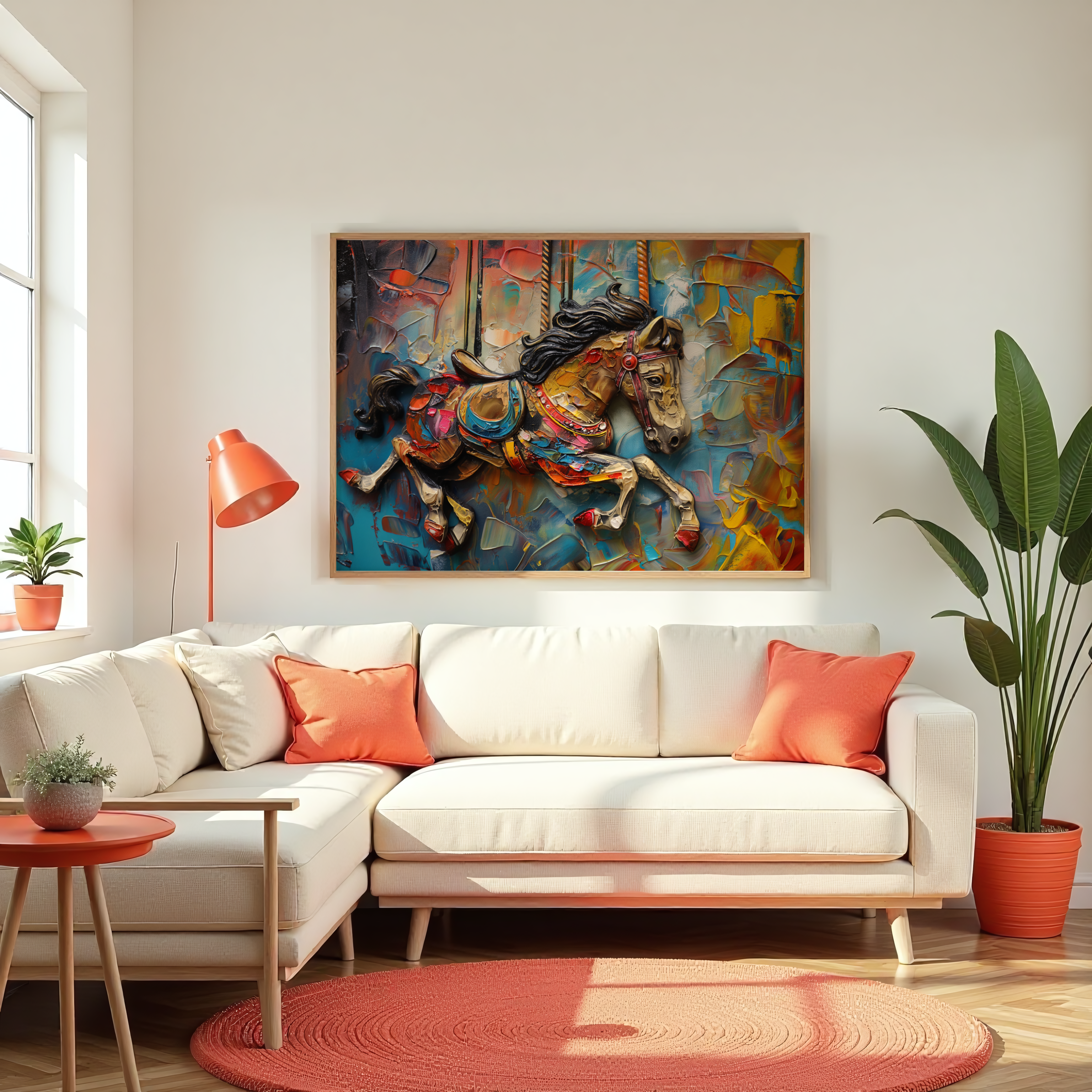 Vibrant oil painting of a carousel horse with heavy texture and color