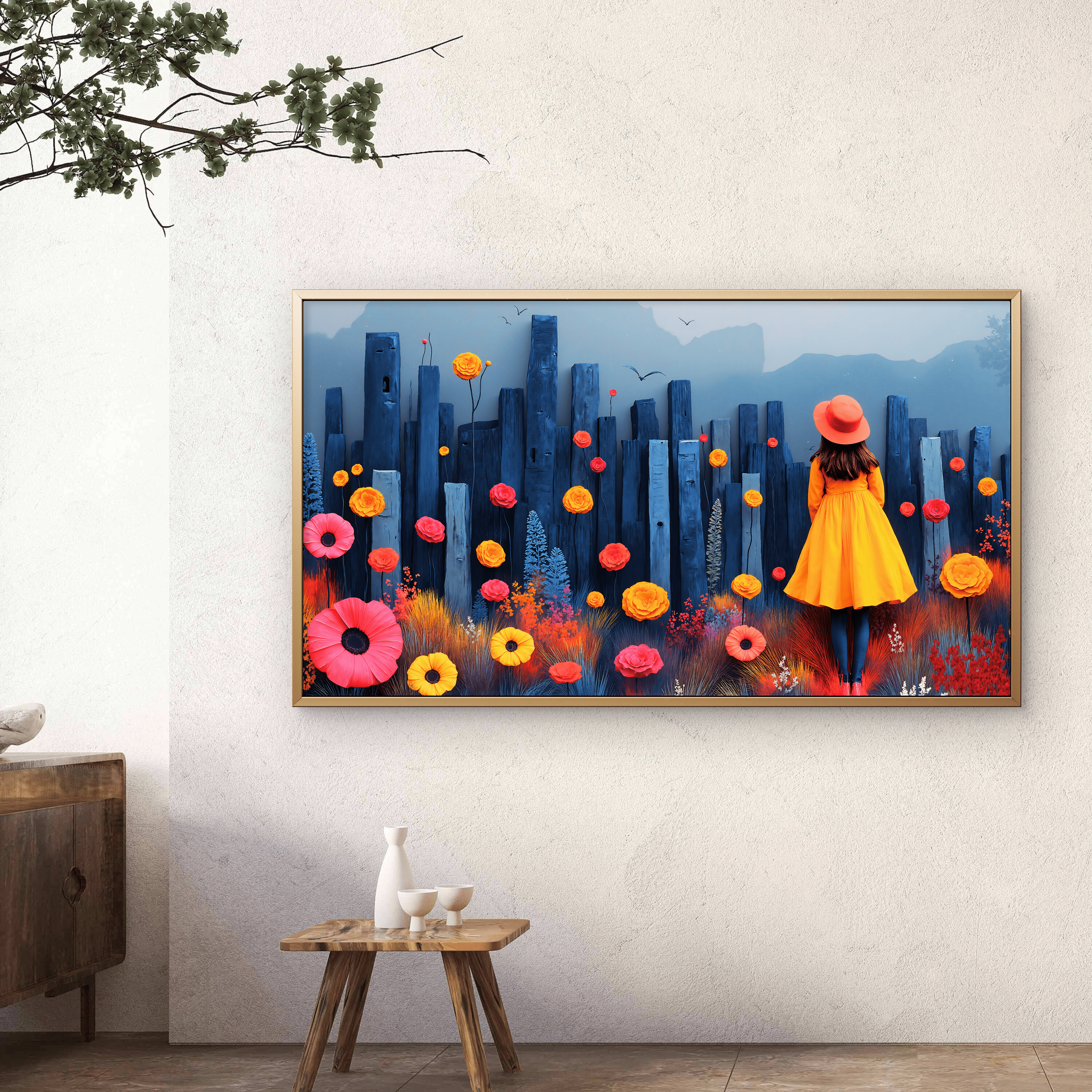 Dream in Bloom – Surreal Girl & Flower Field Canvas Art