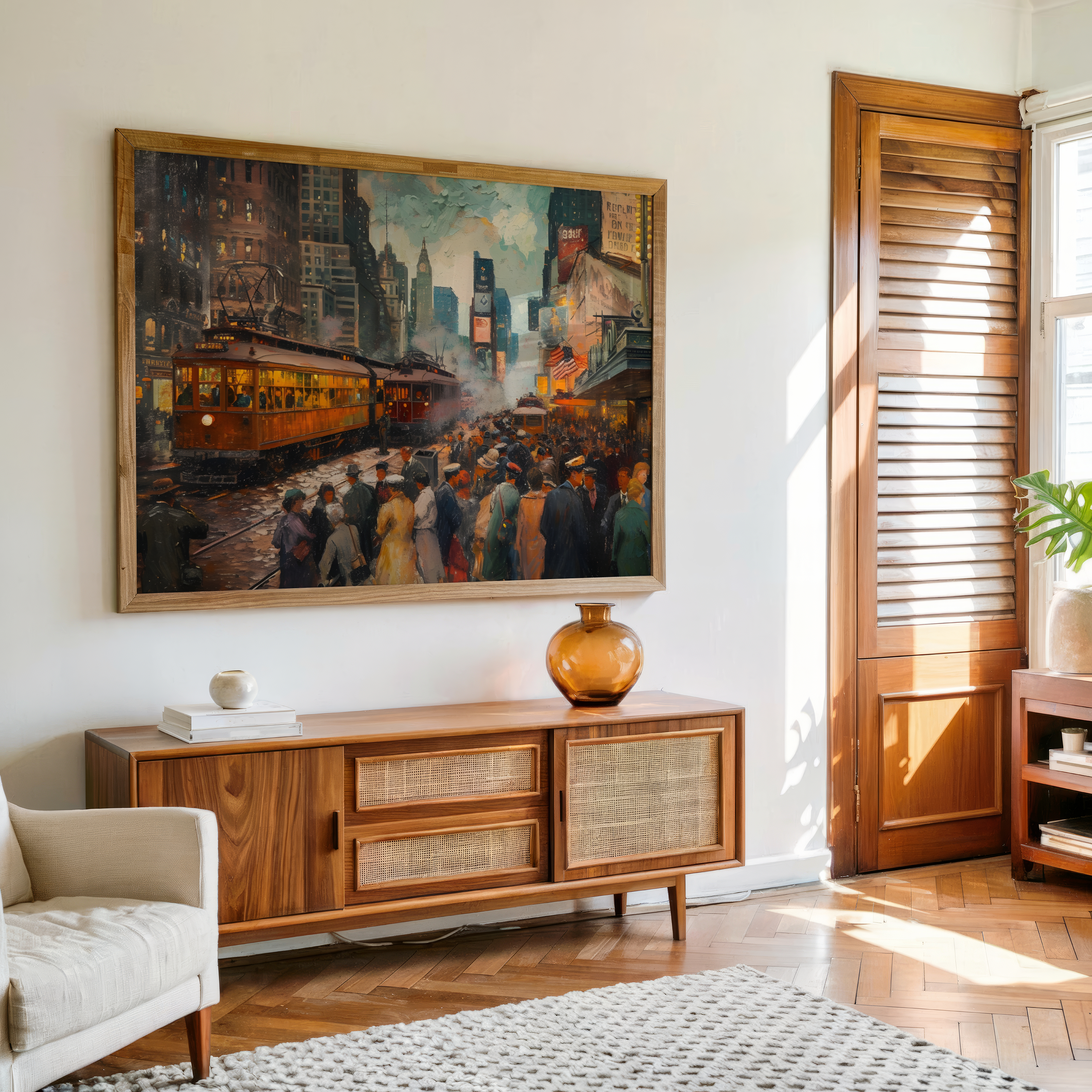 Impressionist city tram painting showing vintage urban nightlife