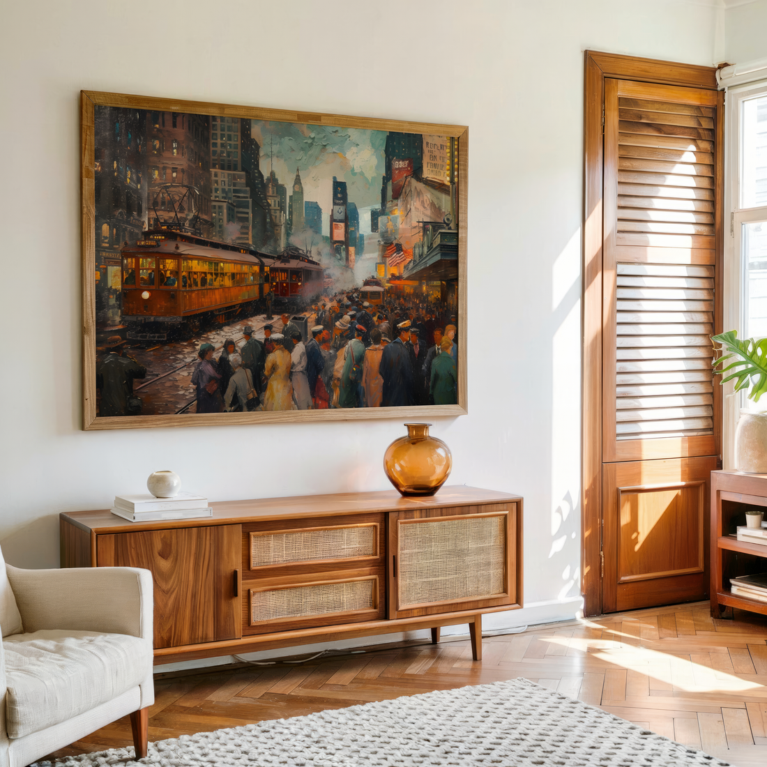 Impressionist city tram painting showing vintage urban nightlife