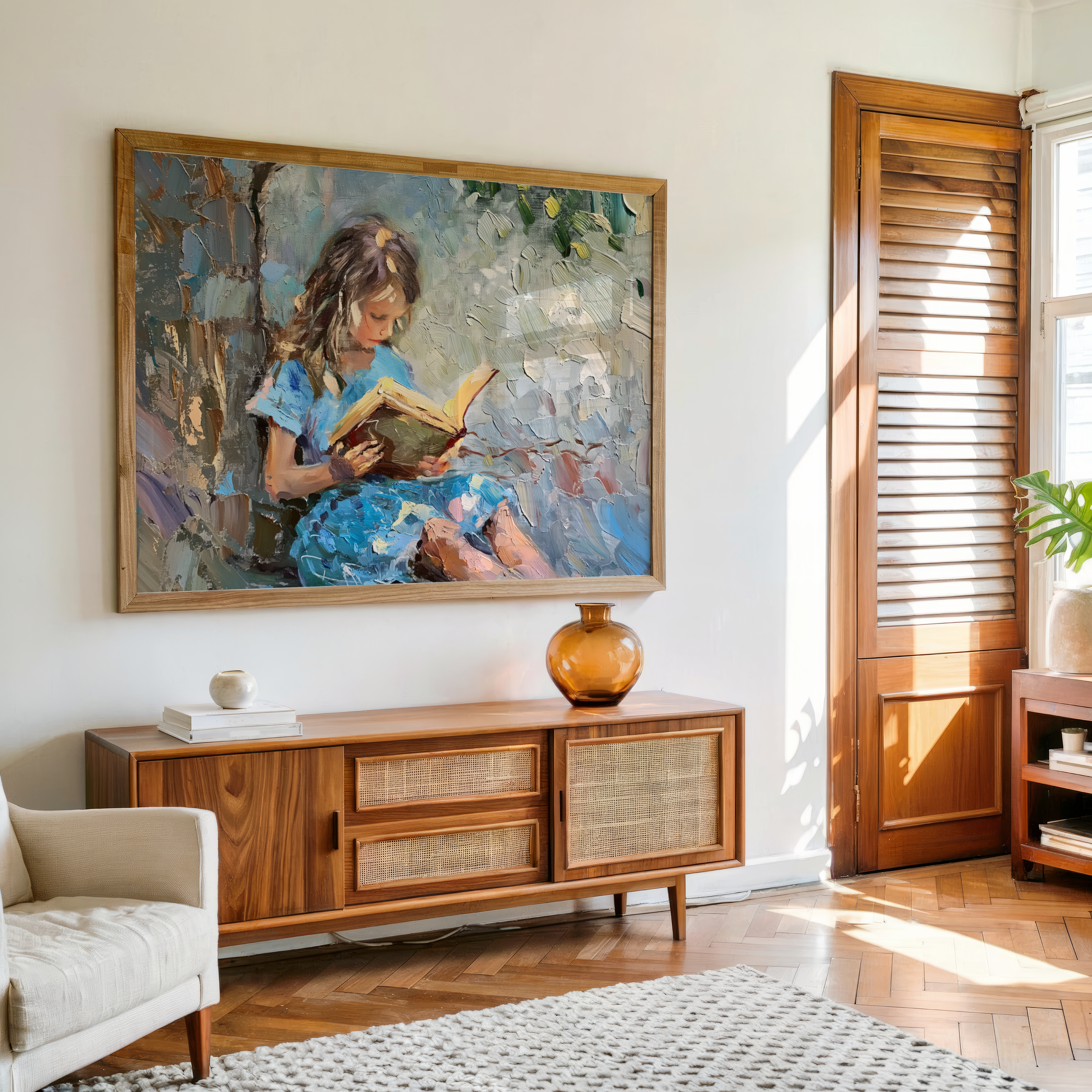 Impressionist painting of a young girl reading a book in a blue dress