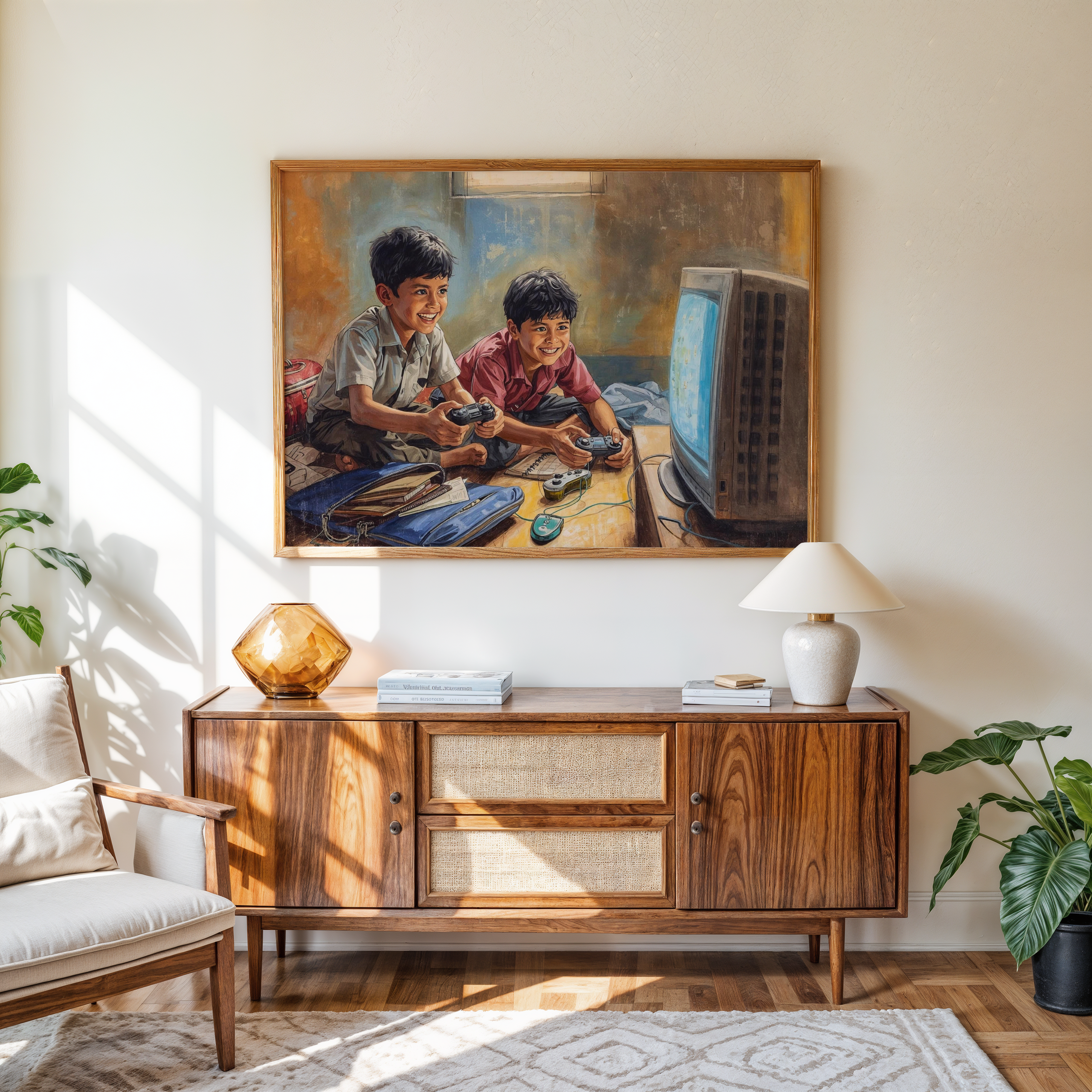 Childhood nostalgia canvas showing brothers gaming after school