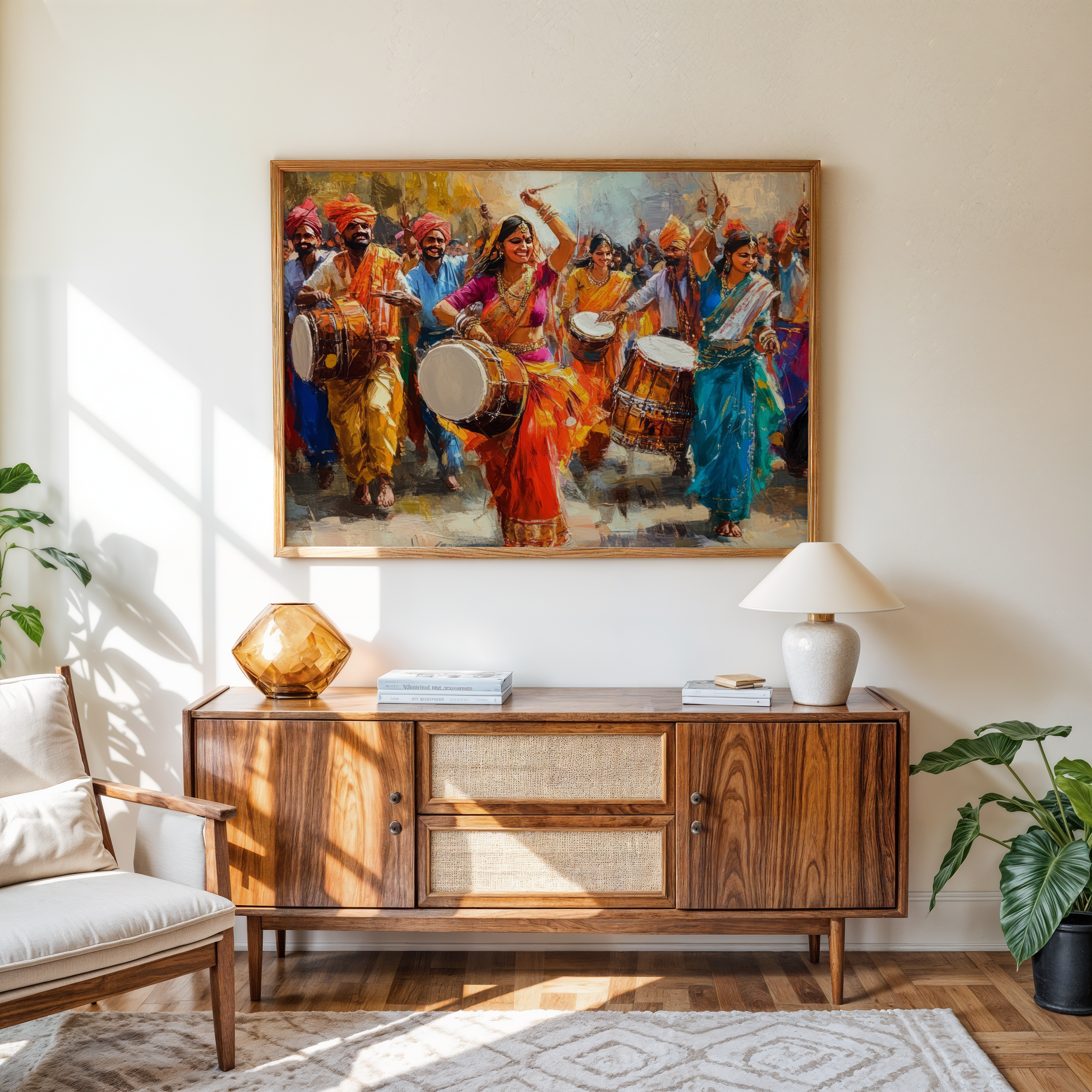 Vibrant Indian festival artwork with traditional music, dance, and drums, perfect for cultural wall décor and home interiors