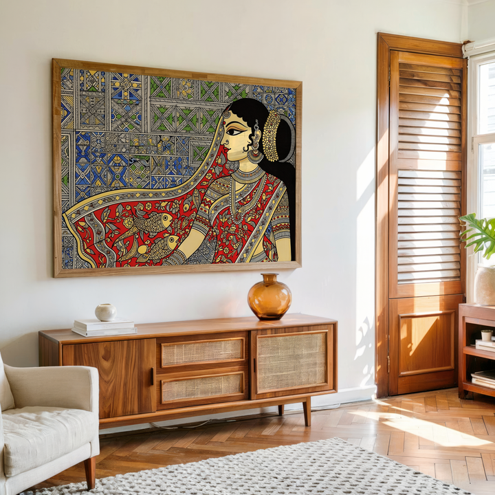 Indian folk art woman in red sari with geometric mosaic pattern background wall decor