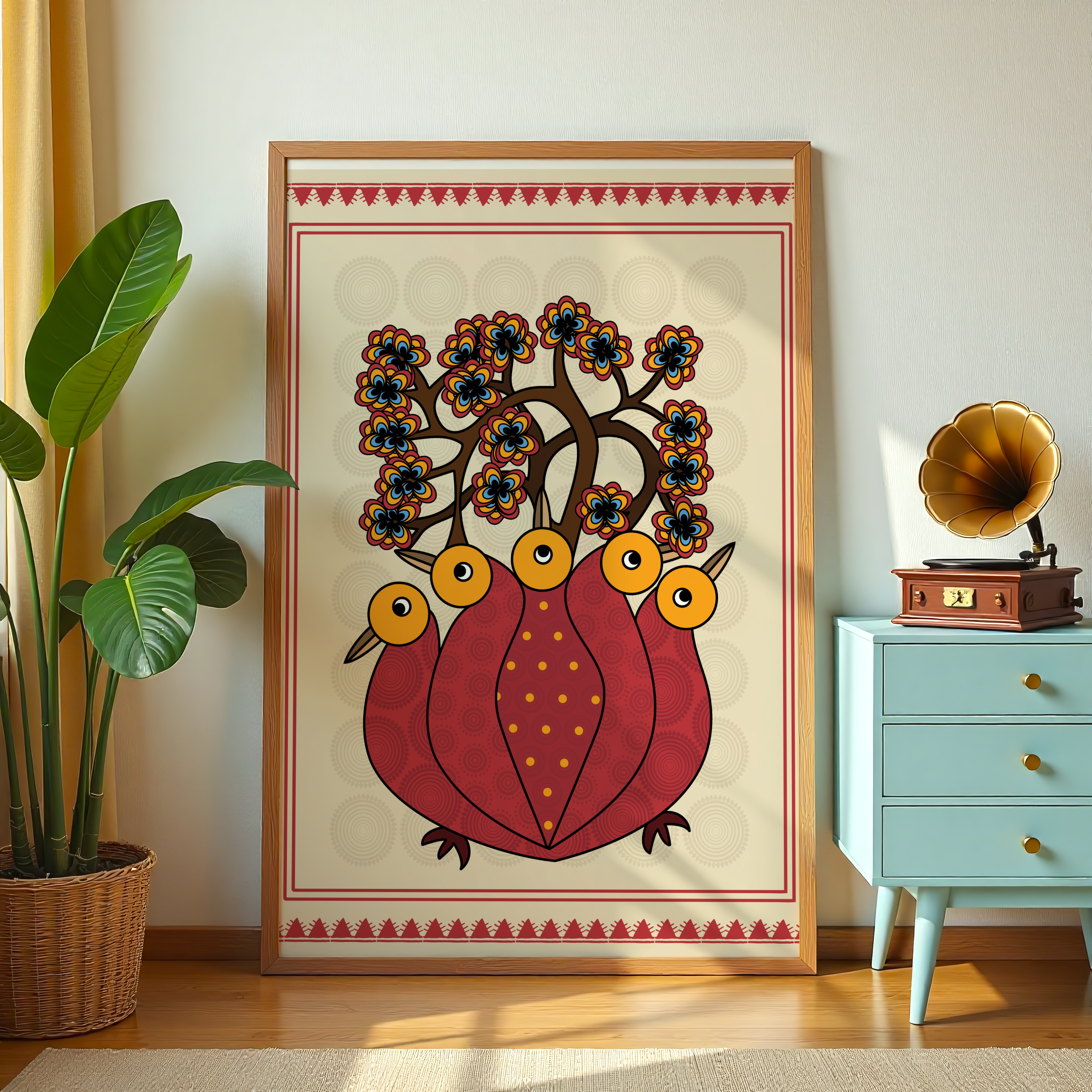 Indian folk bird and tree wall art canvas inspired by traditional cultural motifs