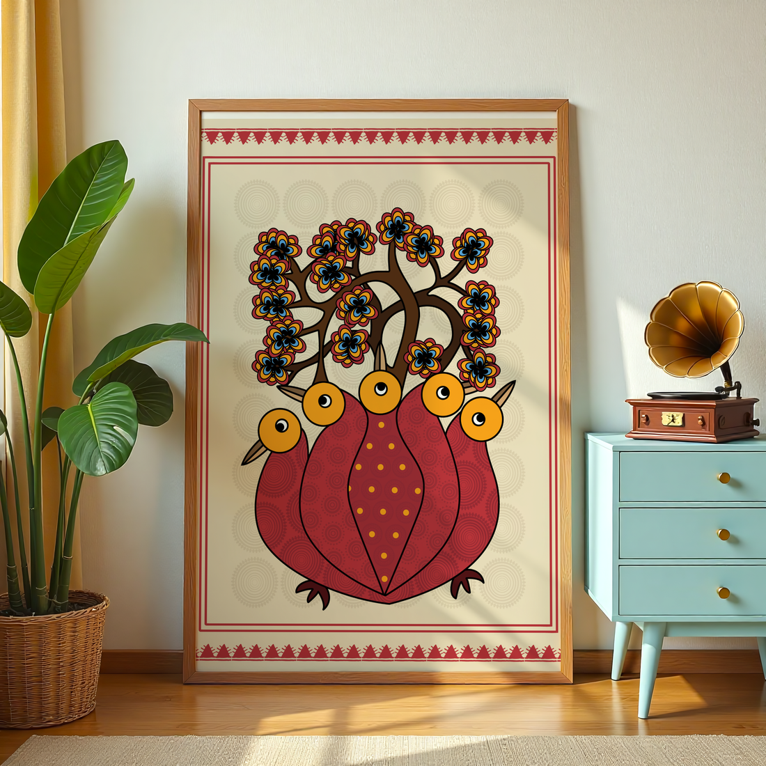 Indian folk bird and tree wall art canvas inspired by traditional cultural motifs