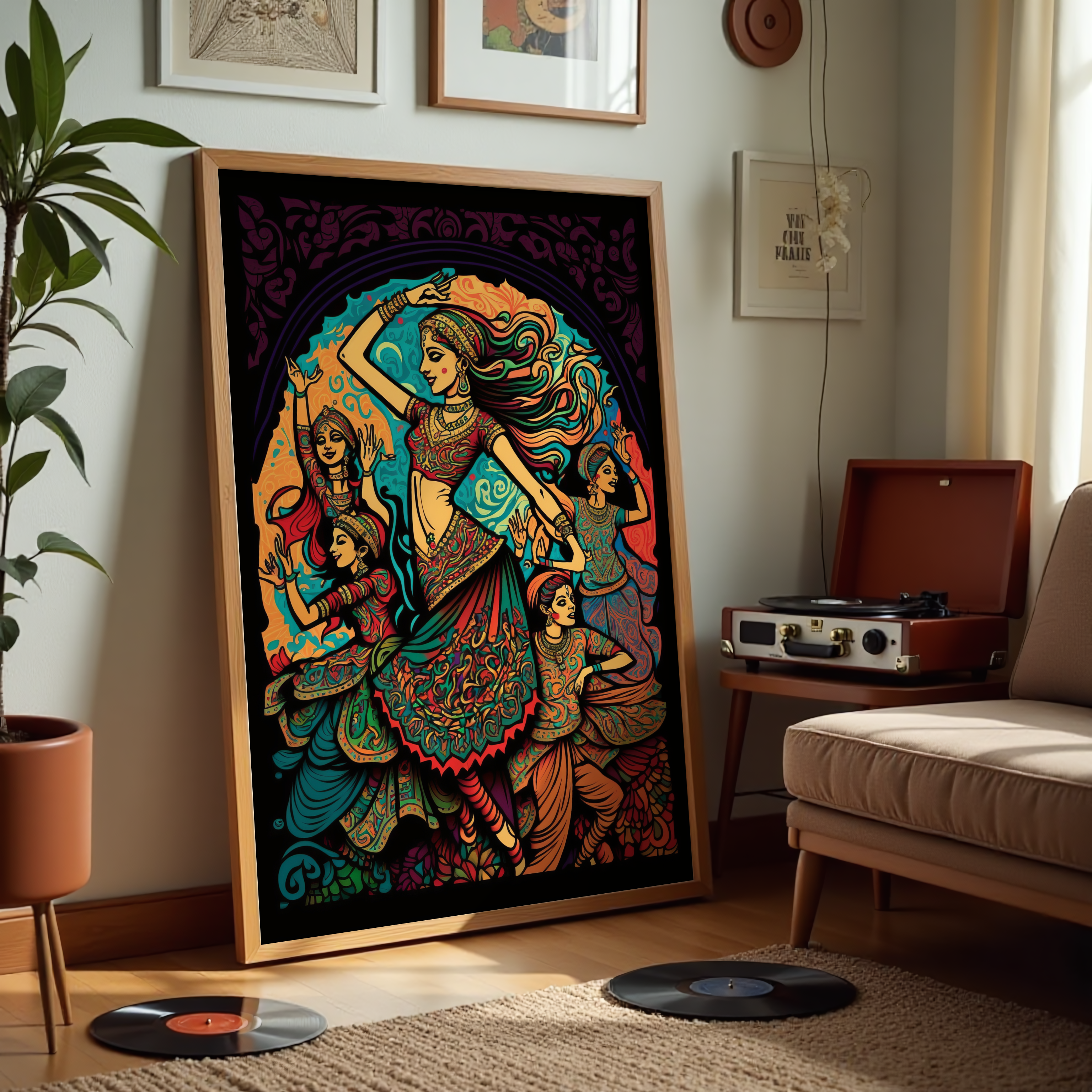 Vibrant Indian dancers in ethnic attire – folk art canvas print for home décor