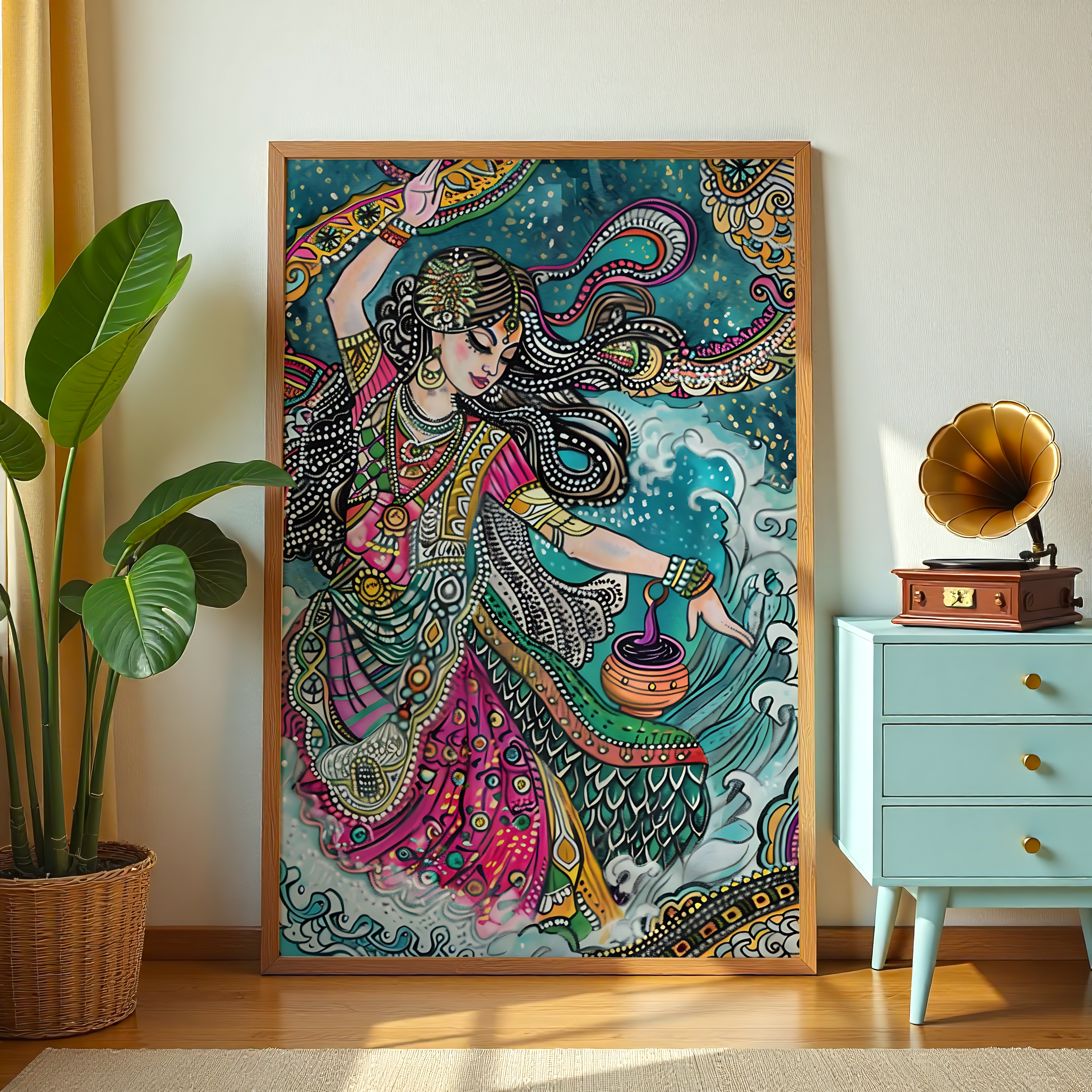 Indian folk goddess art over ocean waves waterproof fade-proof canvas wall decor