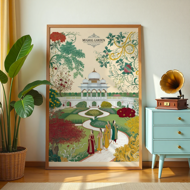 Traditional Mughal garden artwork showcasing palace, greenery, and floral designs
