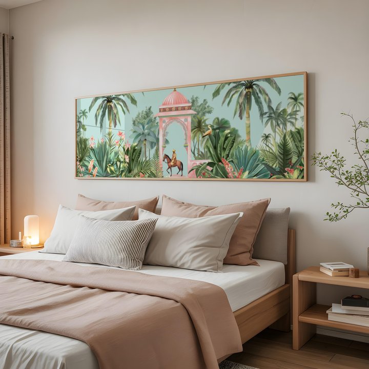 Indian heritage palace arch artwork featuring rider on horseback in a serene tropical landscape