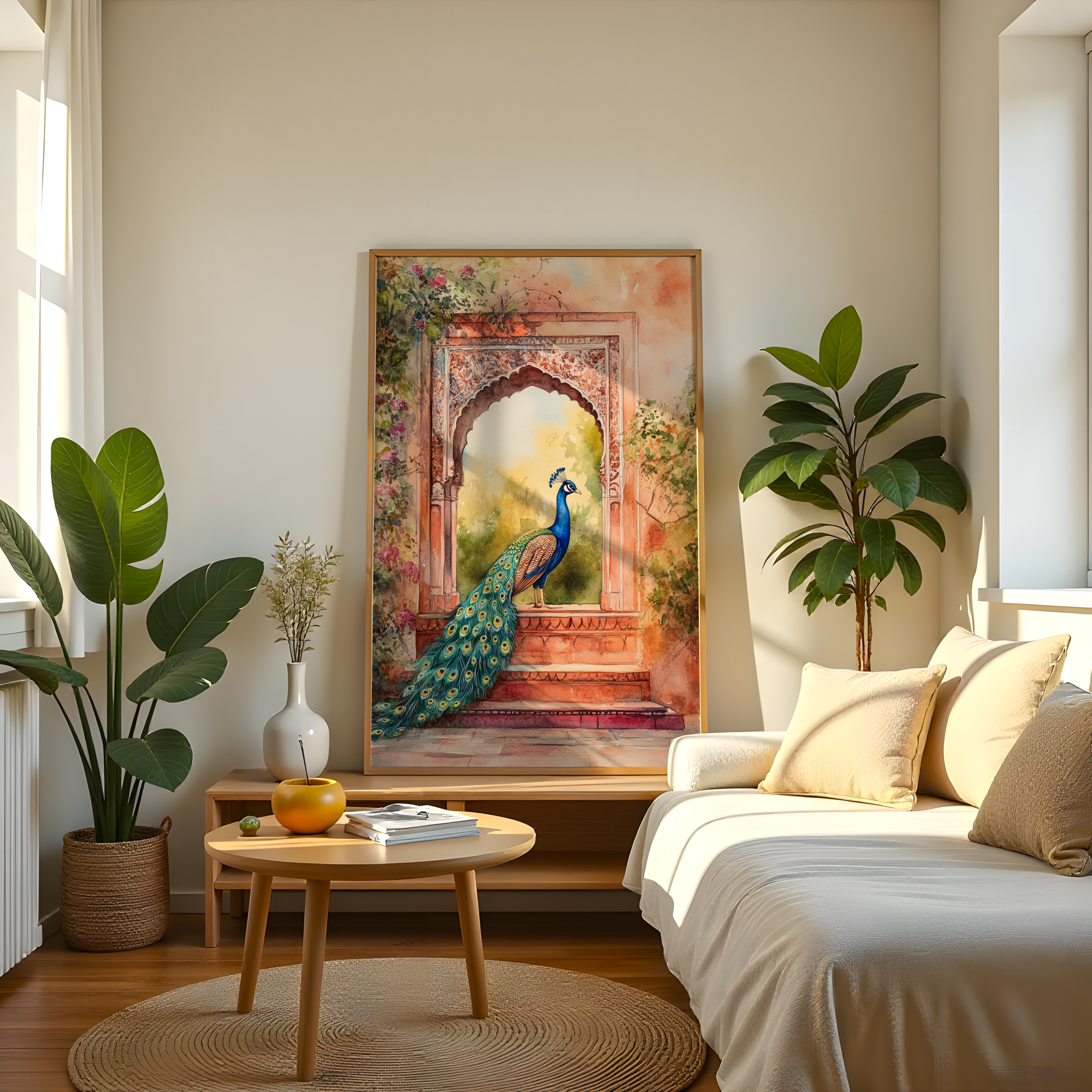 Indian heritage peacock wall décor canvas print – cultural palace-inspired art