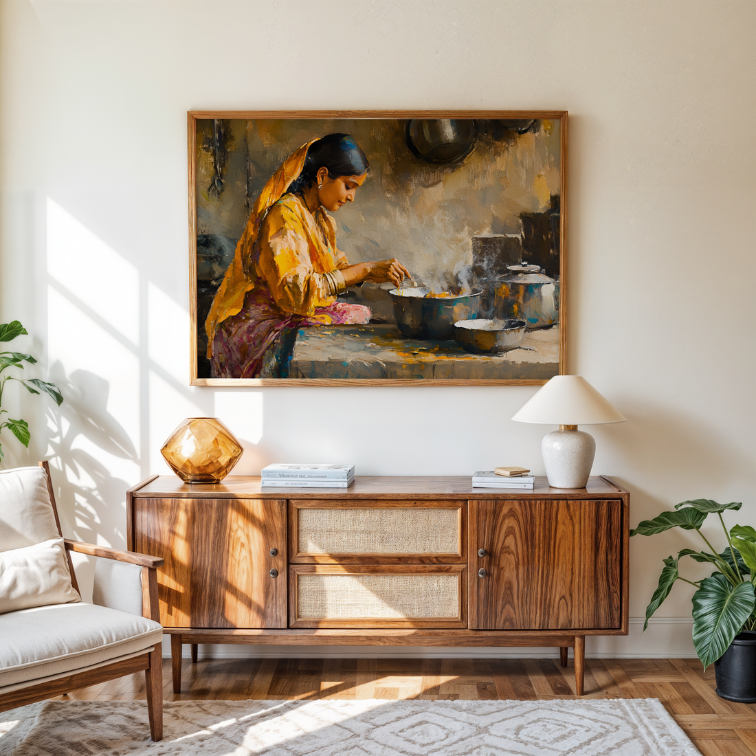 Cultural Indian kitchen wall art showing a woman preparing a meal