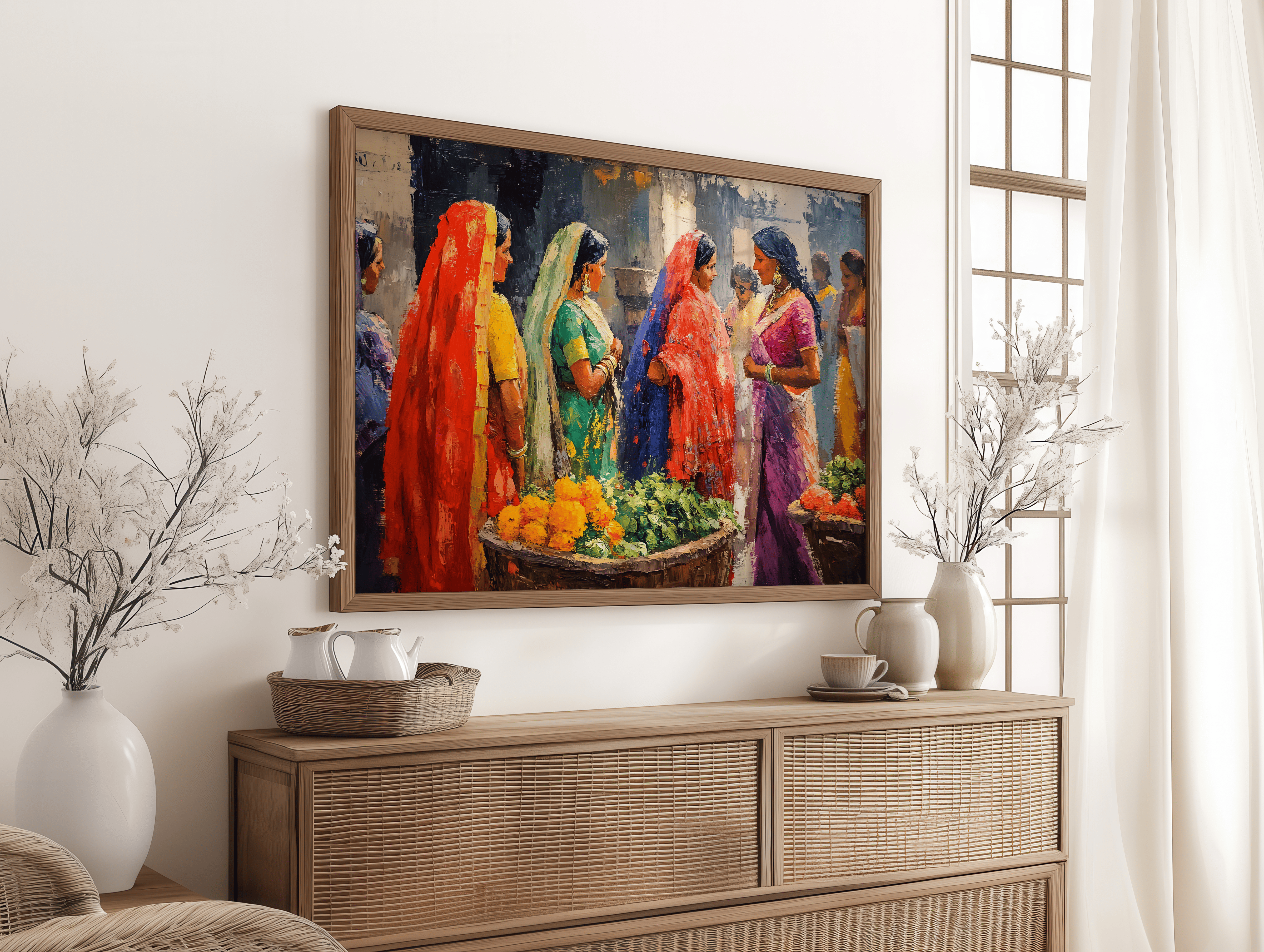 Indian village women in colorful sarees at market scene oil-style painting