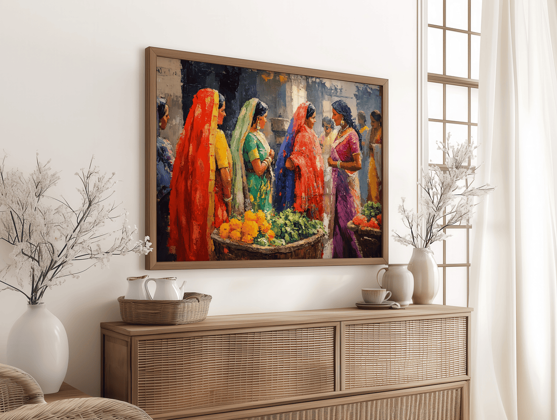 Indian village women in colorful sarees at market scene oil-style painting