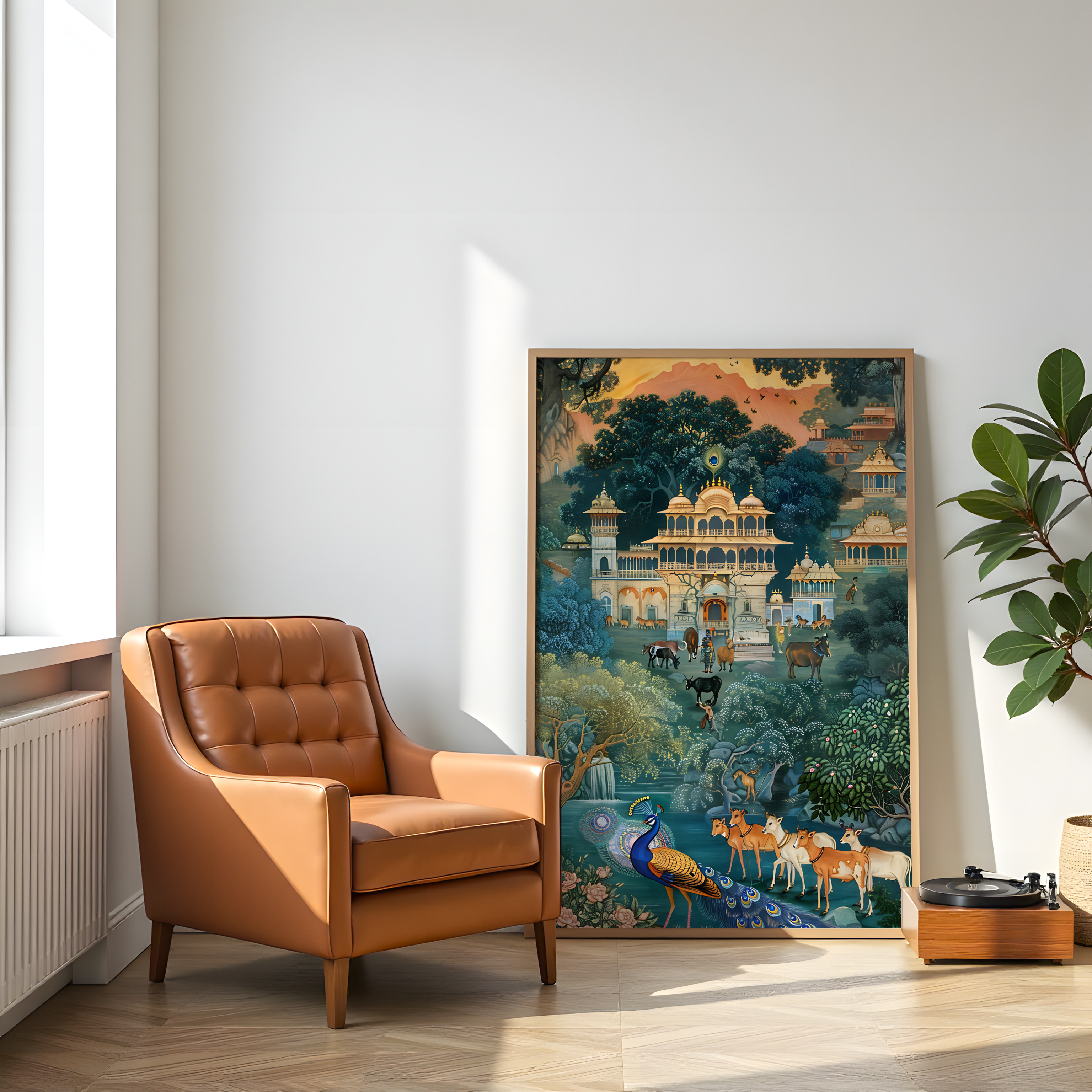 Detailed Indian folk painting showing architecture and wildlife