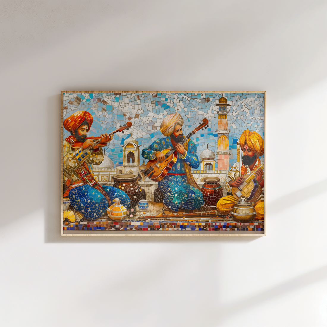 Colorful Indian wall art in mosaic style for office or café décor – framed canvas ready to hang