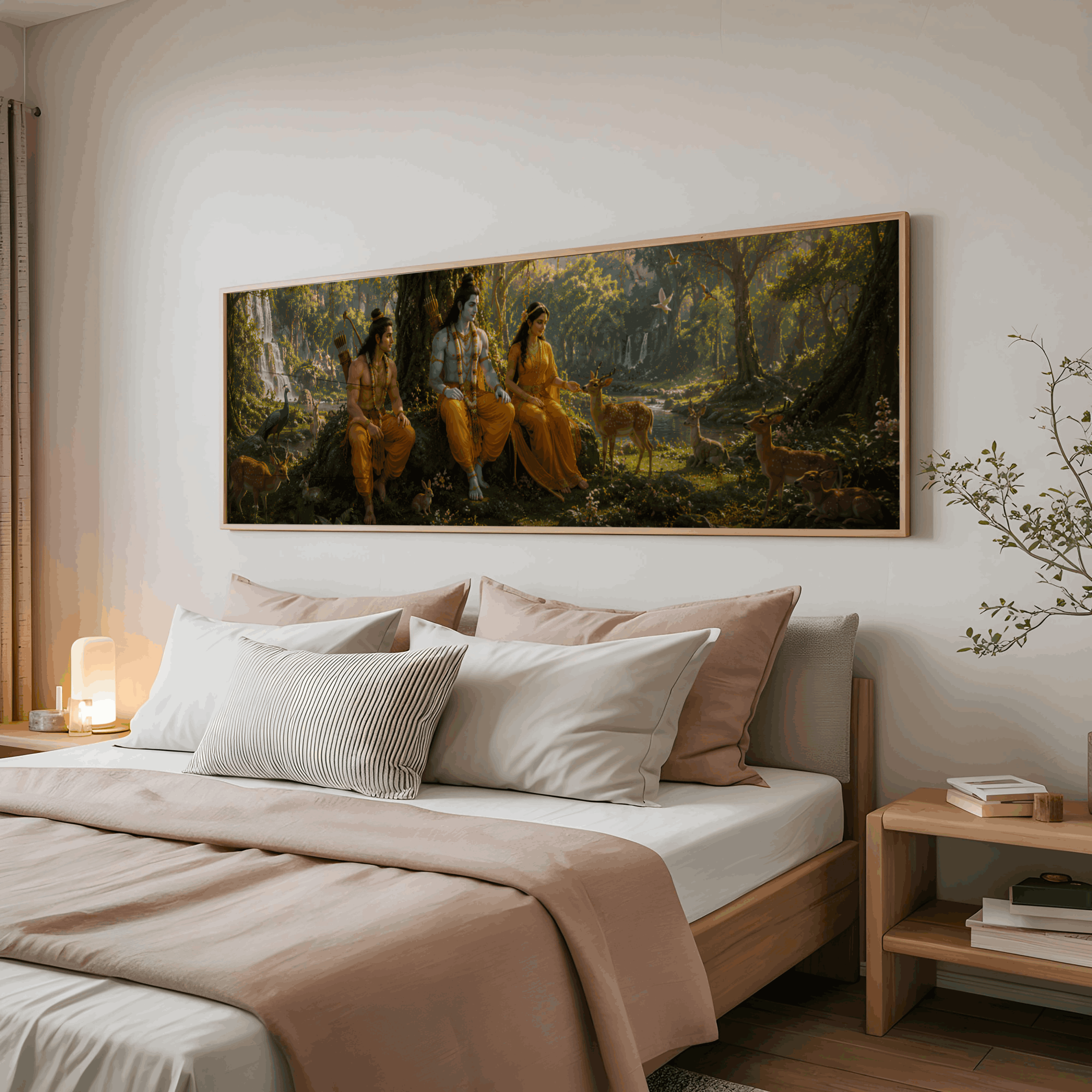 Spiritual Indian canvas artwork featuring Ram Sita in serene forest landscape